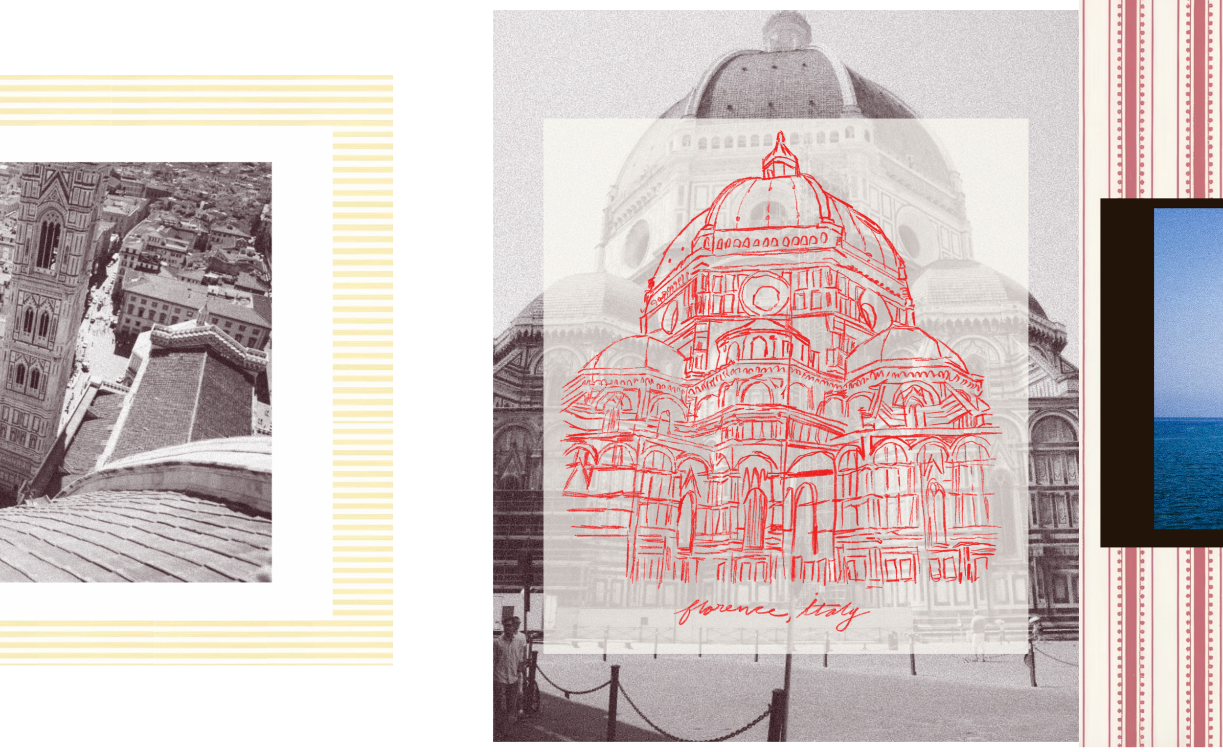 Mixed-media collage including images of Florence, Italy, featuring architectural sketches of domed buildings, a black and white aerial photo of a city, a portion of a striped fabric or wallpaper, and a distant view of the sea with blue sky.