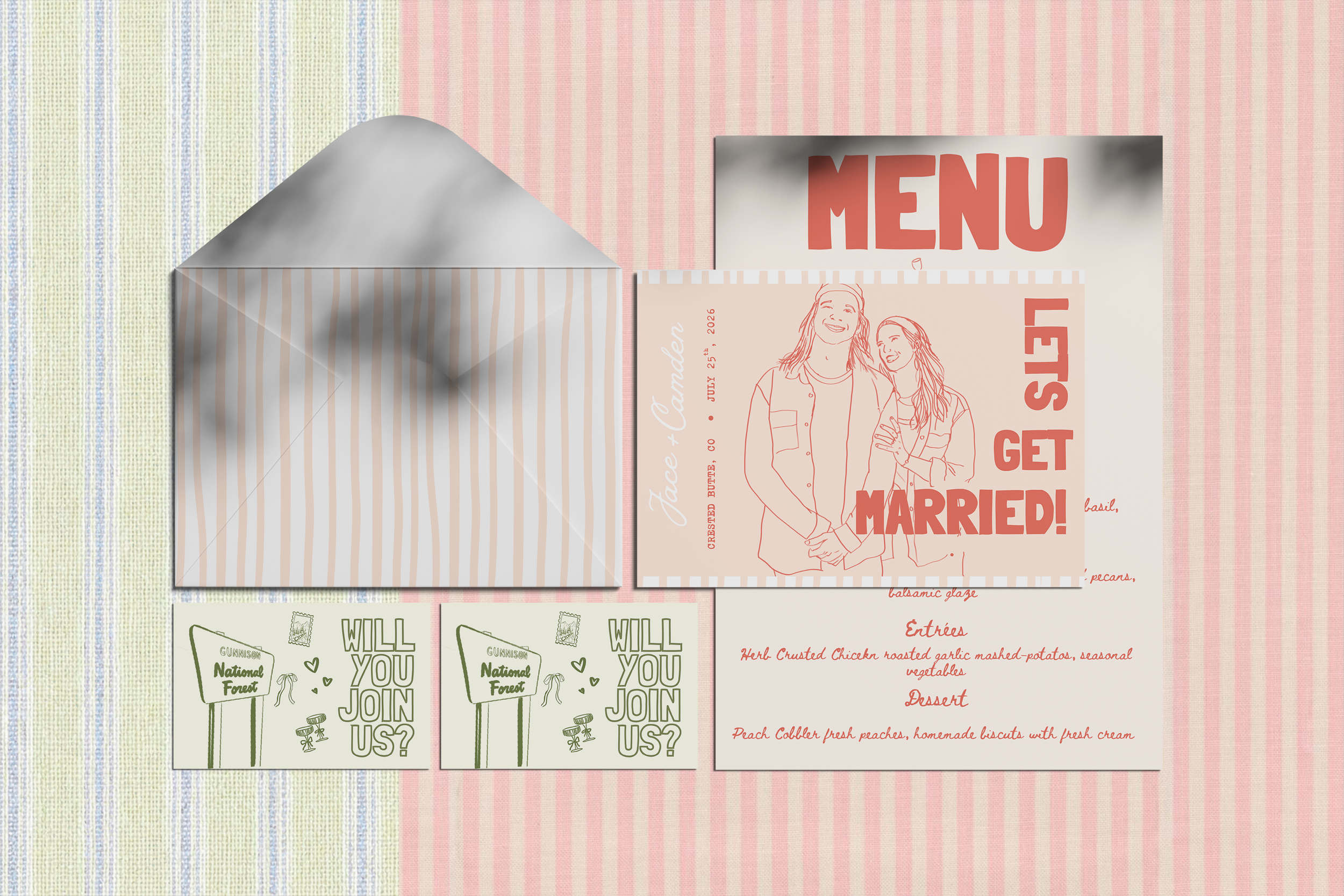 A collection of printed items including a menu with illustrations of a smiling couple, a striped paper bag, and two green cards with the text "Will you join us?" on a pastel-colored, striped background.