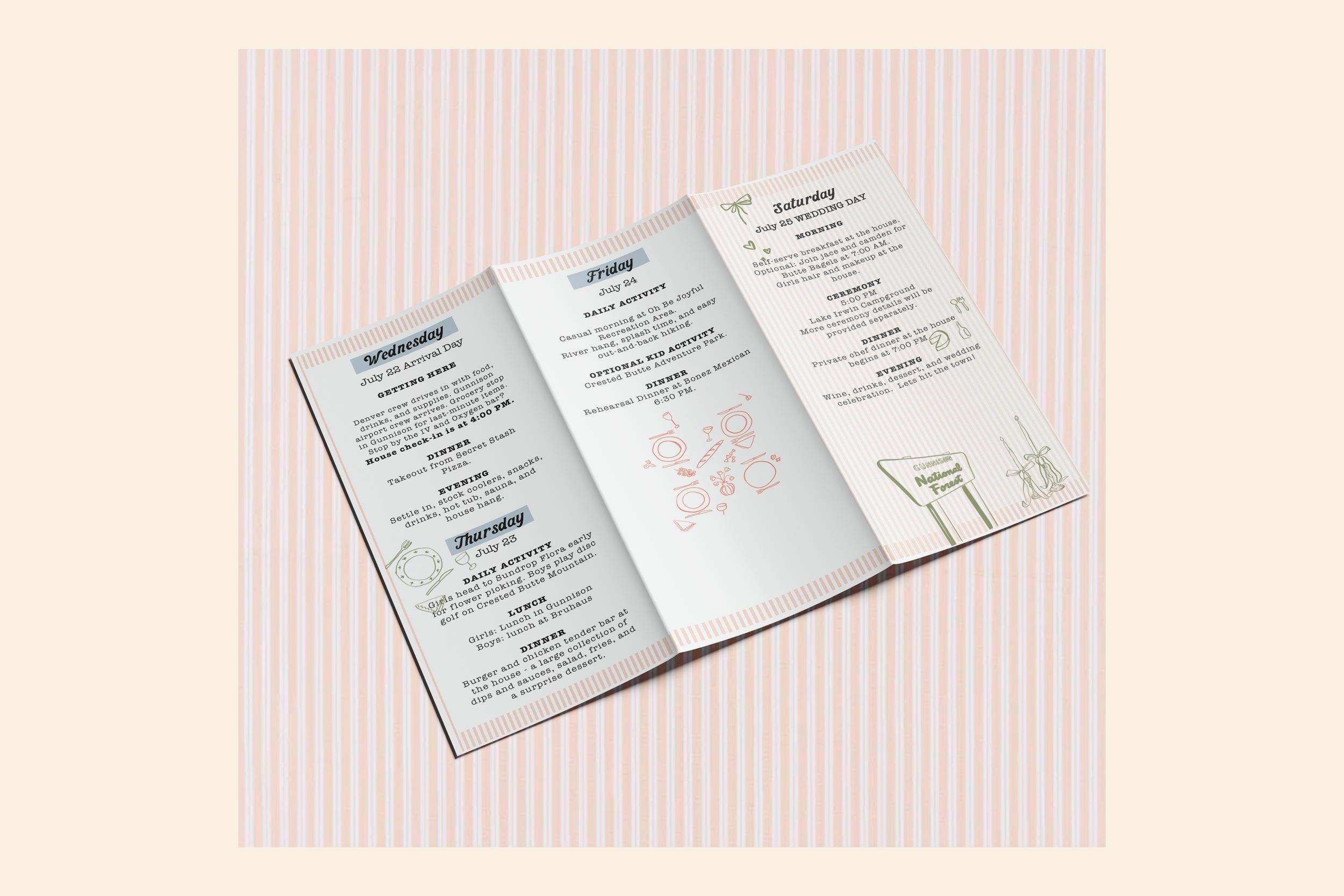 A printed wedding itinerary with days, dates, activities, and meal plans, placed on a pink striped background.