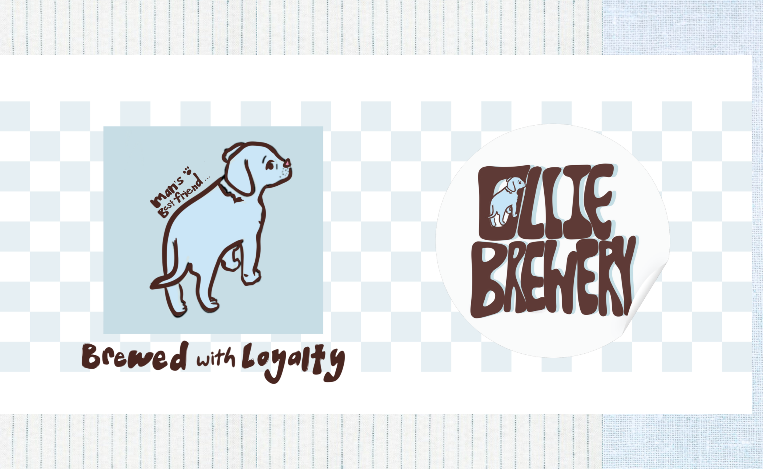 Illustration of a dog with a collar that says 'man's best friend,' and text that says ' brewed with loyalty' and 'LOVE, RECIPE, BAKESH.'