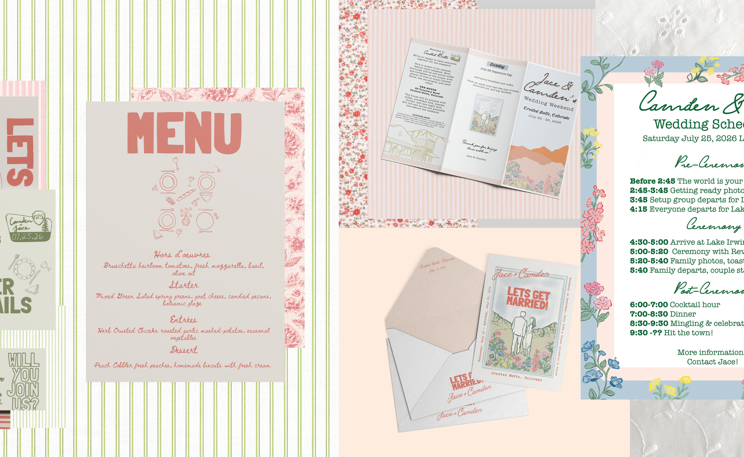 A digital collage of wedding event materials, including a menu, wedding schedule, invitation cards, and decorative stationery with floral and striped patterns.