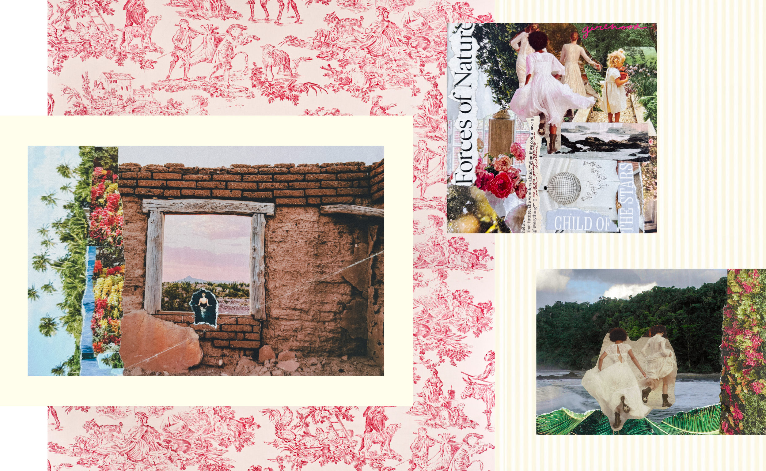 Collage of various images including a pink toile patterned wallpaper, a brick wall with an empty window frame and a person in front of it, lush greenery with palm trees, a beach scene with two women in dresses, and text overlays about nature and chil