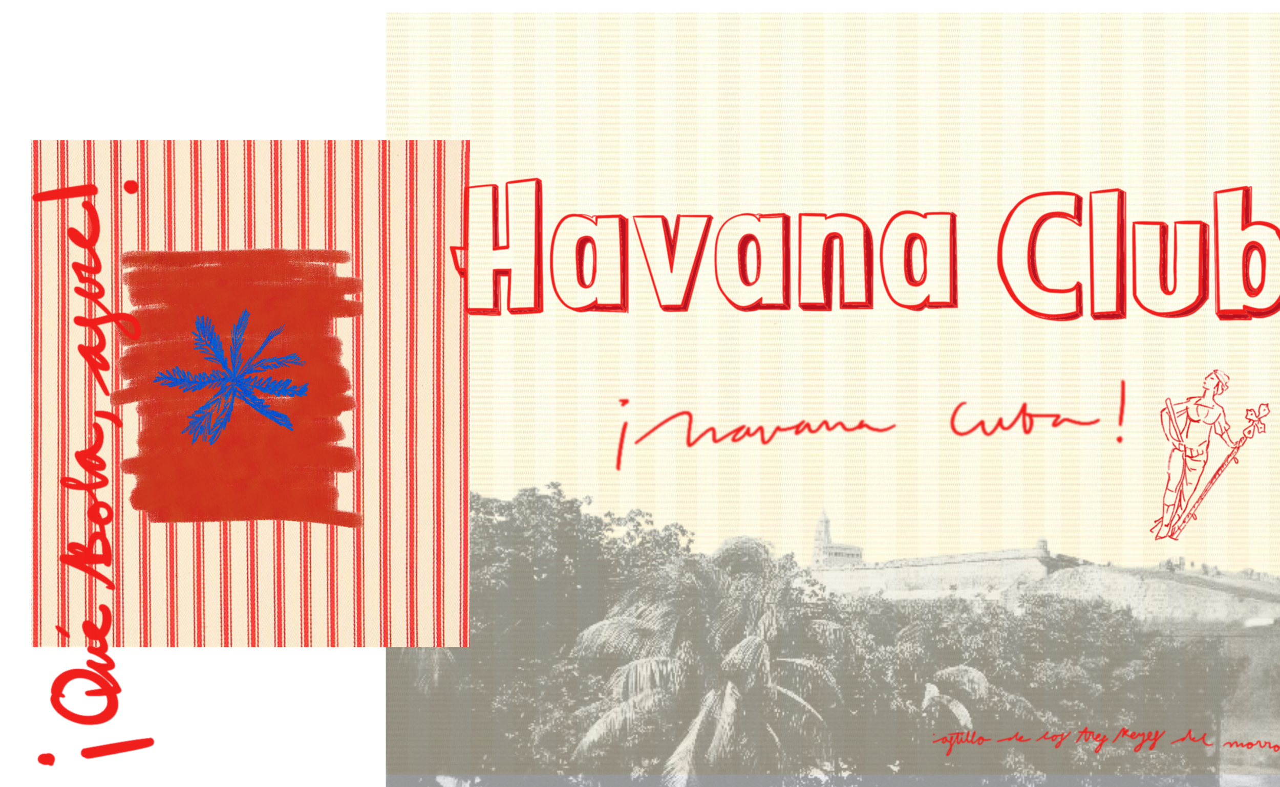 Close-up of a printed design with red, blue, and black elements on a beige background. The design includes text, lines, and sketches, with a landscape sketch visible toward the bottom.