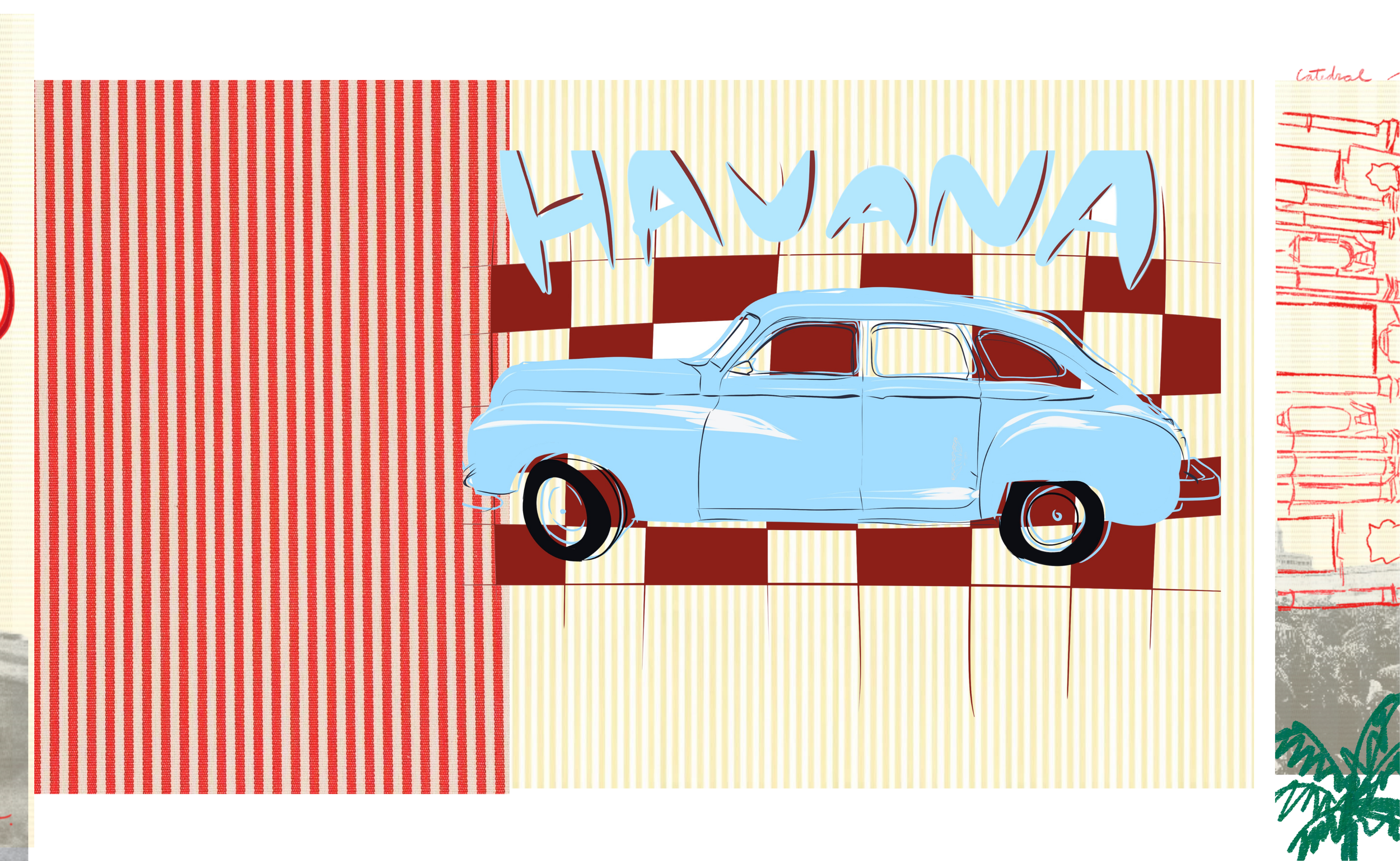 A light blue vintage car with black tires and red hubcaps parked in front of a checkered red and white wall with yellow and white striped background and the word 'Havana' in large blue letters.