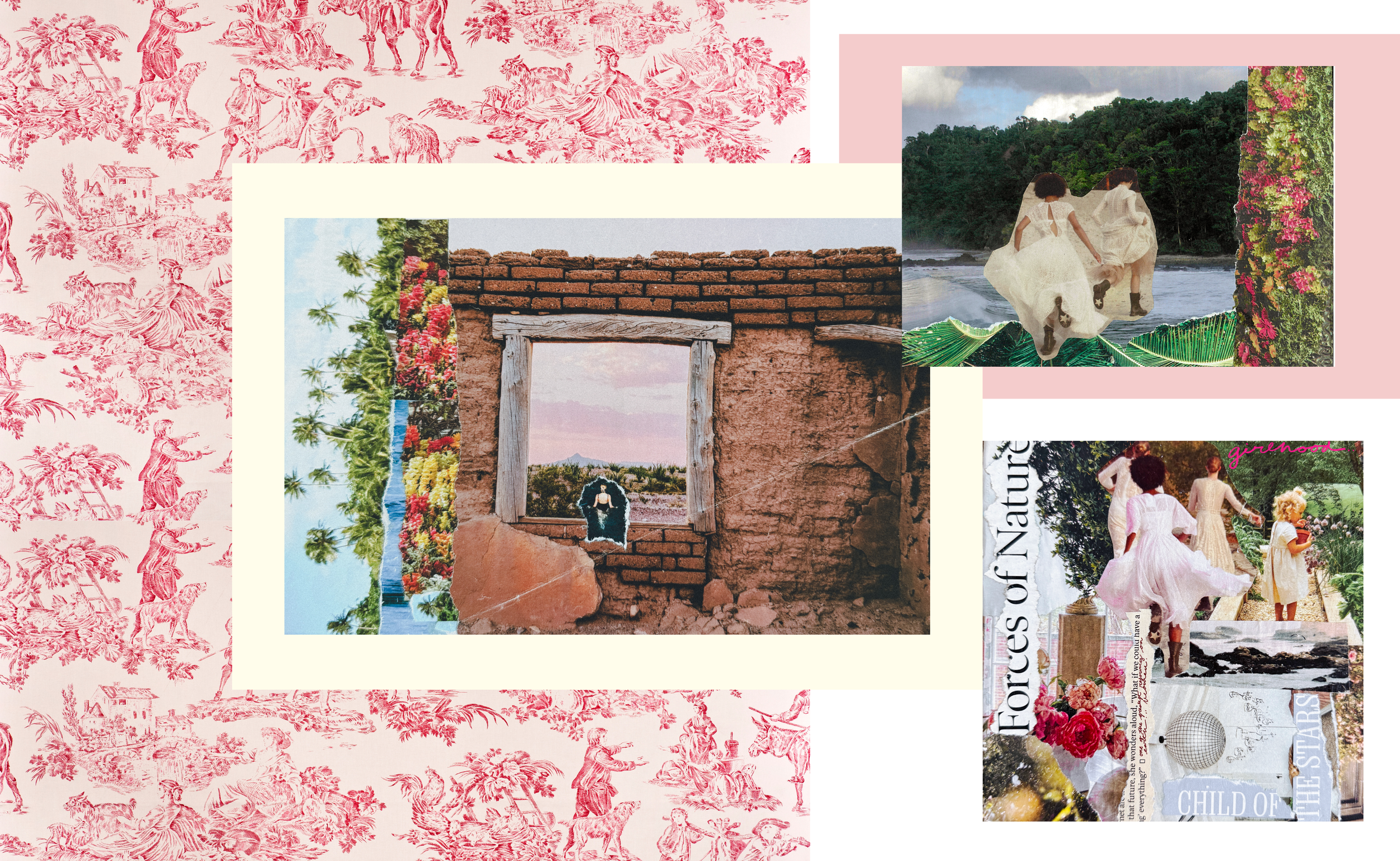 Collage of vintage-inspired images including women in white dresses walking on a beach, a rustic window frame in a brick wall, lush greenery, and floral arrangements, with a pink toile wallpaper background featuring pastoral scenes and animals.