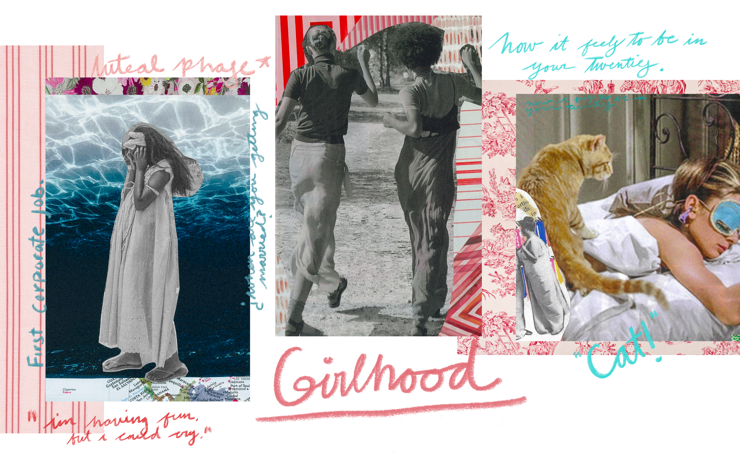 Collage of vintage and modern photographs with handwritten notes and colorful patterns, including a girl in a white dress by a pool, two women walking in a park, and a woman lying on a bed with a cat nearby.