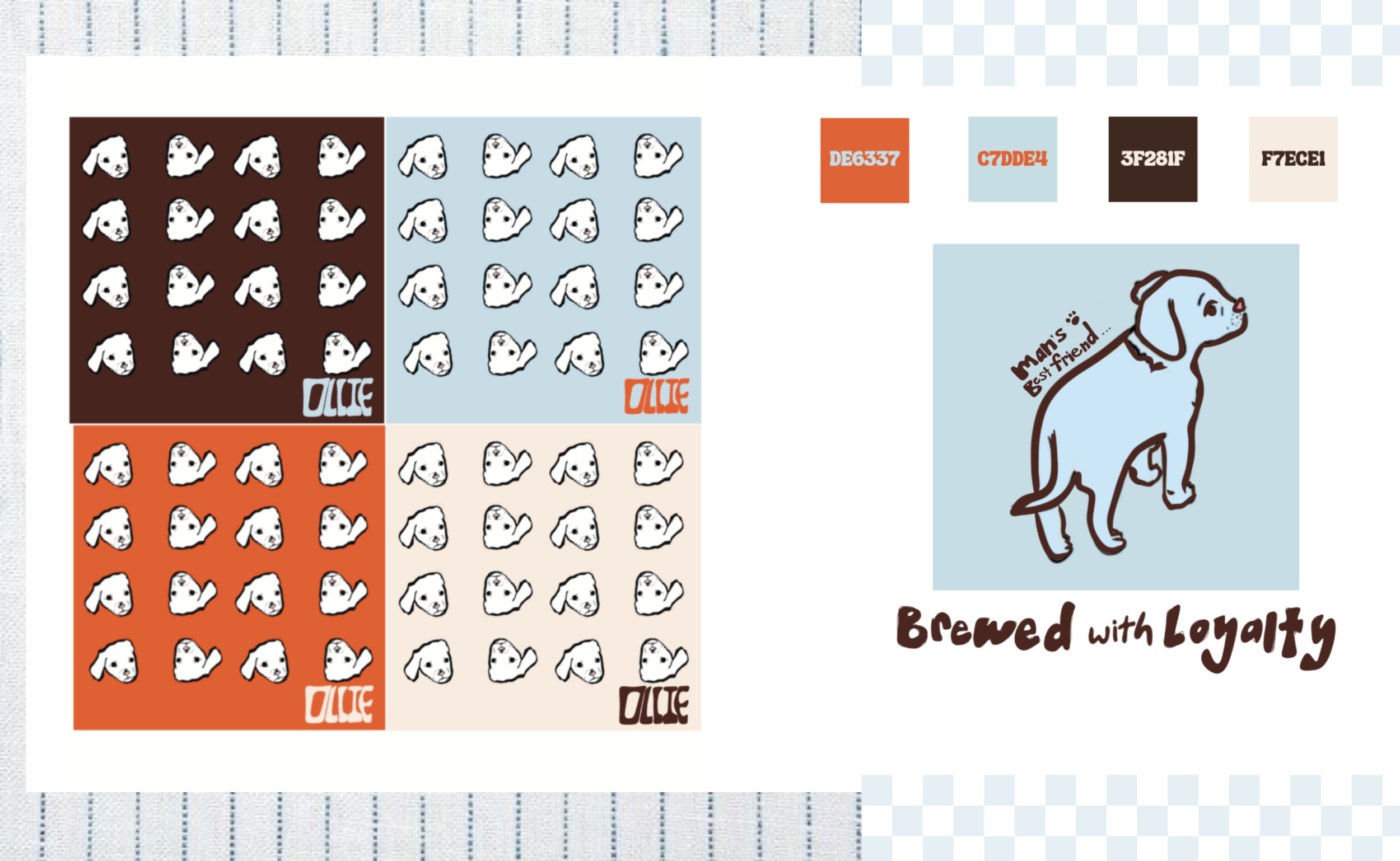 Pattern of white puppy faces on colored backgrounds, with text 'Olive' and a stylized drawing of a dog with the phrase 'man's best friend,' and color hex codes.
