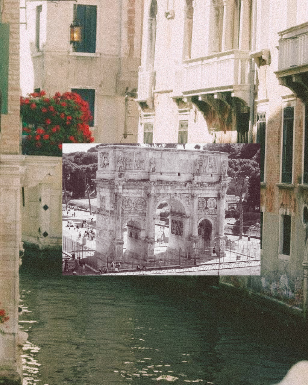 A photo of a canal in Venice with a bridge in the background, overlaid with a black and white image of the Arc de Triomphe in Paris.