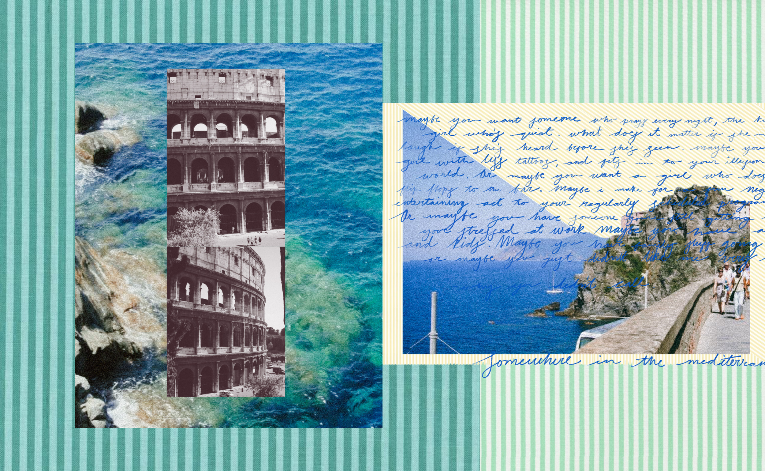 Collage combining images of the ocean, the Colosseum in Italy, and text overlay on a patterned background.