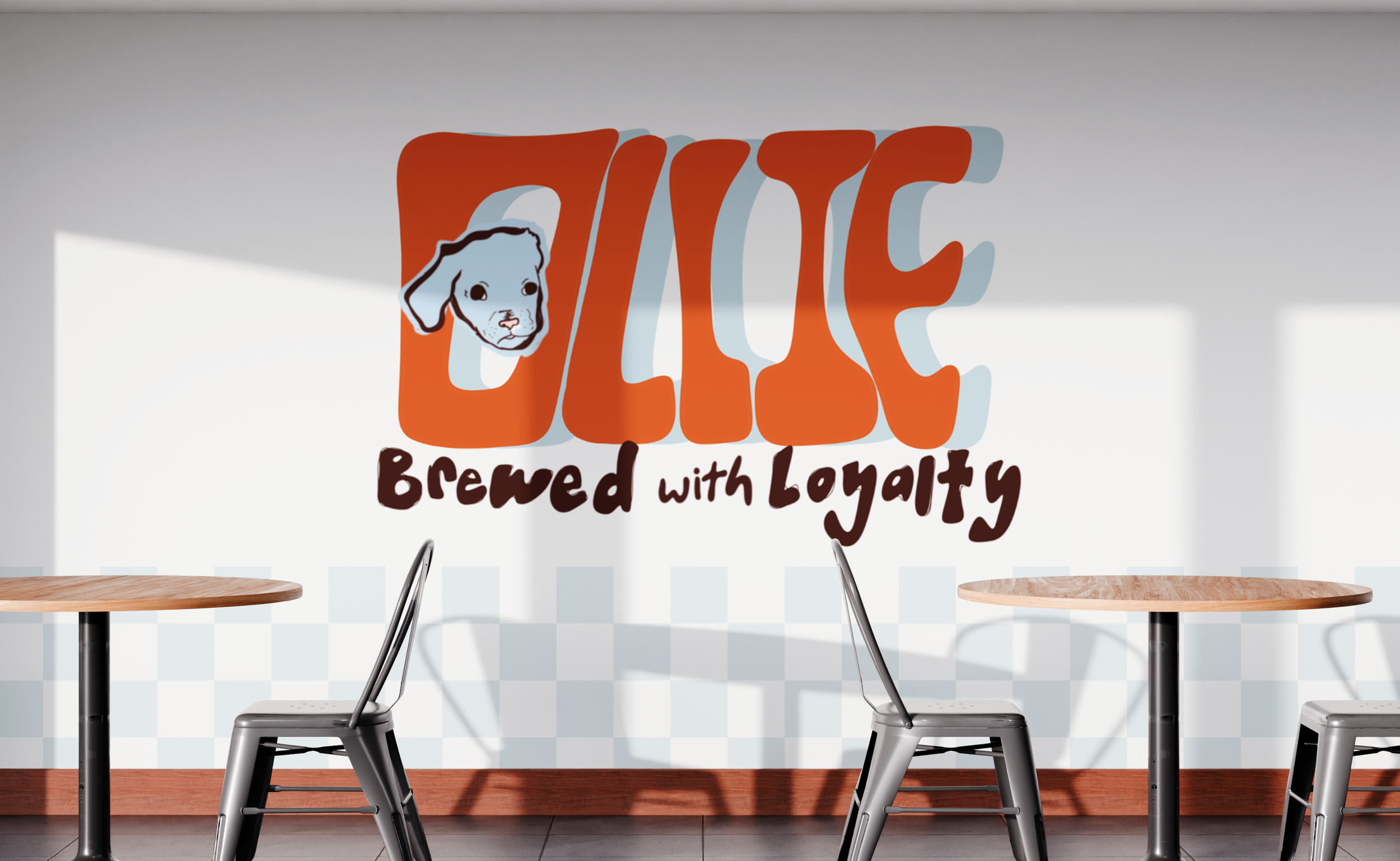 A wall with a large logo of a dog’s head and the words 'FUR' in orange and 'Brewed with Loyalty' underneath, in a modern cafe setting with tables and chairs.