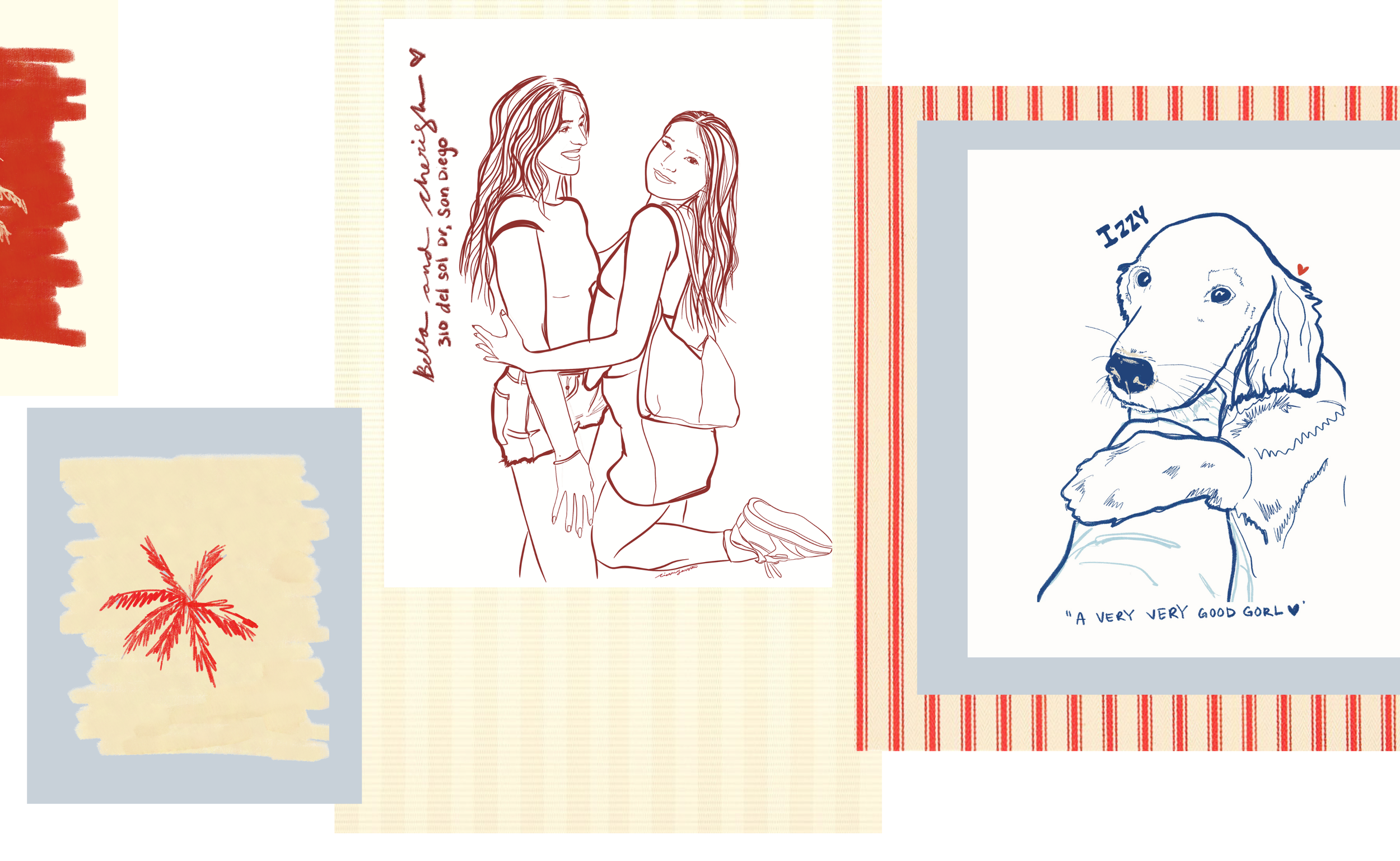 A collage of drawings and illustrations on various backgrounds, including a line drawing of two women kissing and smiling, a dog's head with the words "A VERY VERY GOOD GORL" underneath, and abstract designs and patterns in red, beige, and blue tones