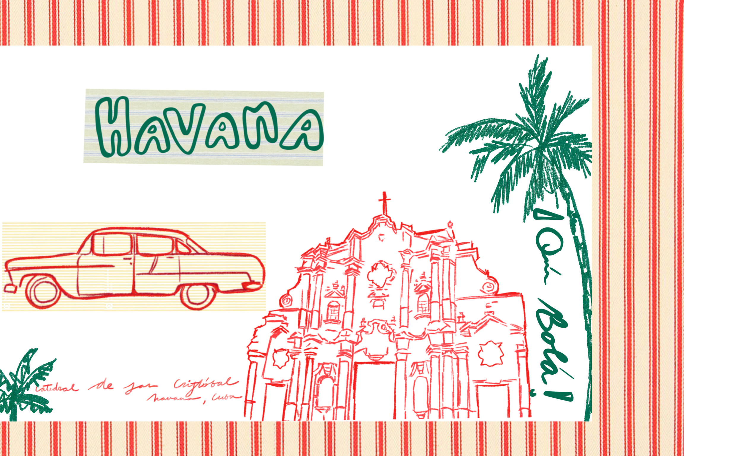 Decorative illustration of Havana, Cuba including landmark buildings, a vintage car, palm trees, and striped background with the word "Havana" in stylized text.