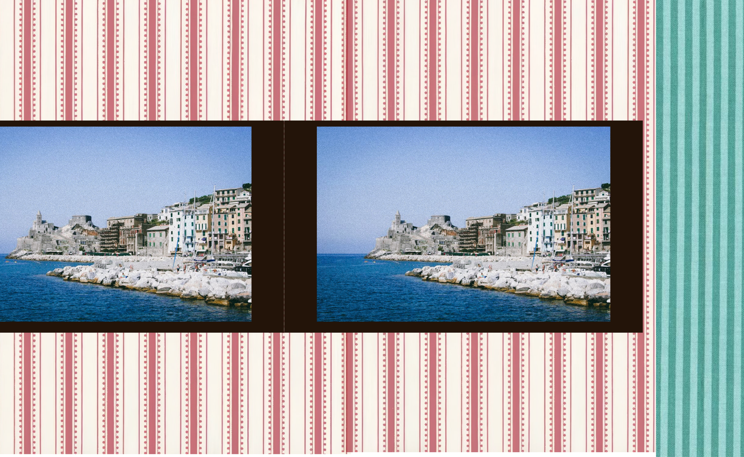 Photograph of a coastal town with colorful buildings, a rocky shoreline, and sailboats on the water under a clear blue sky.