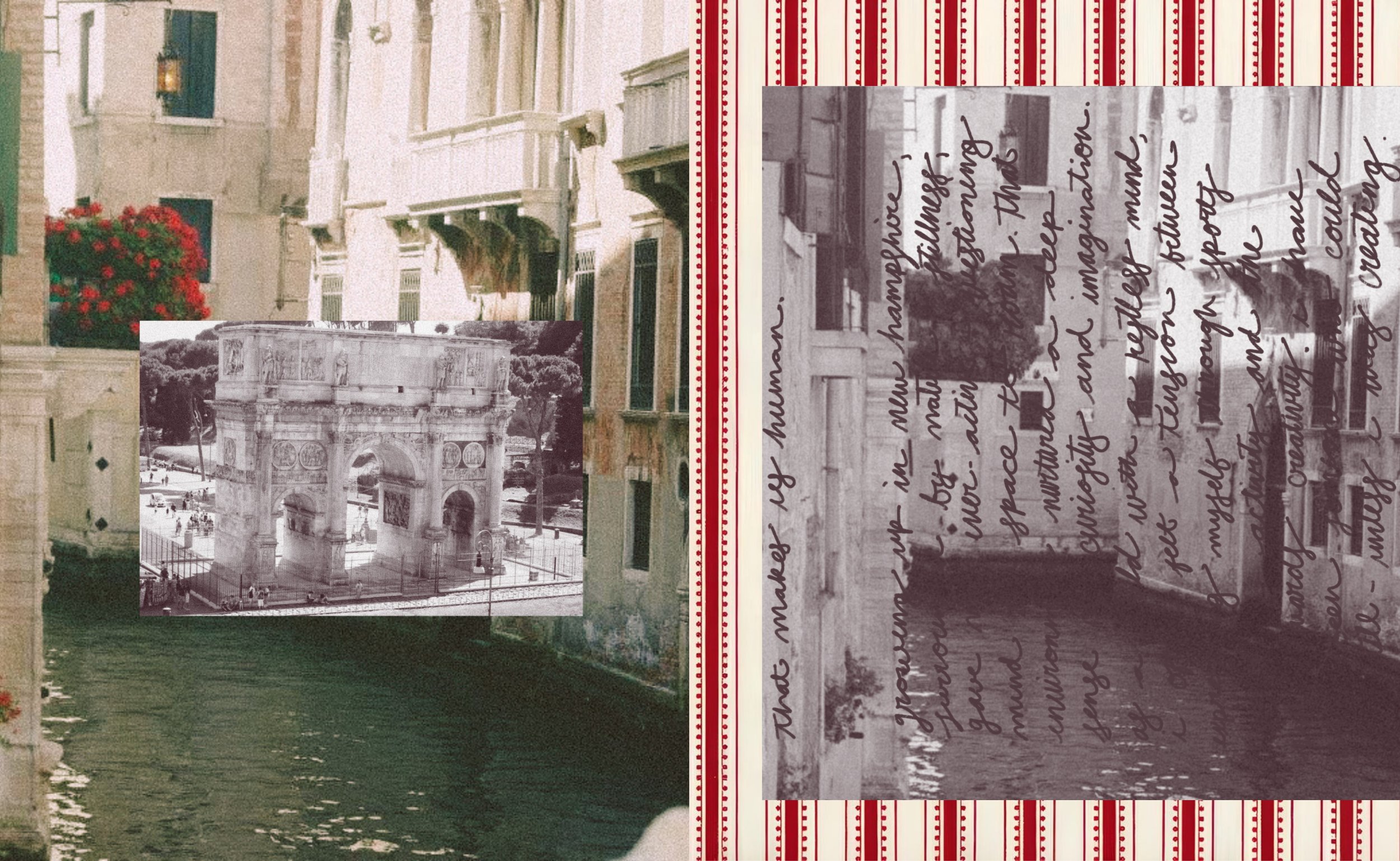 A collage featuring a photo of a historic arch monument, a street scene with buildings, and red flowers on a building facade. There is also a vintage-style journaling overlay with handwritten text.
