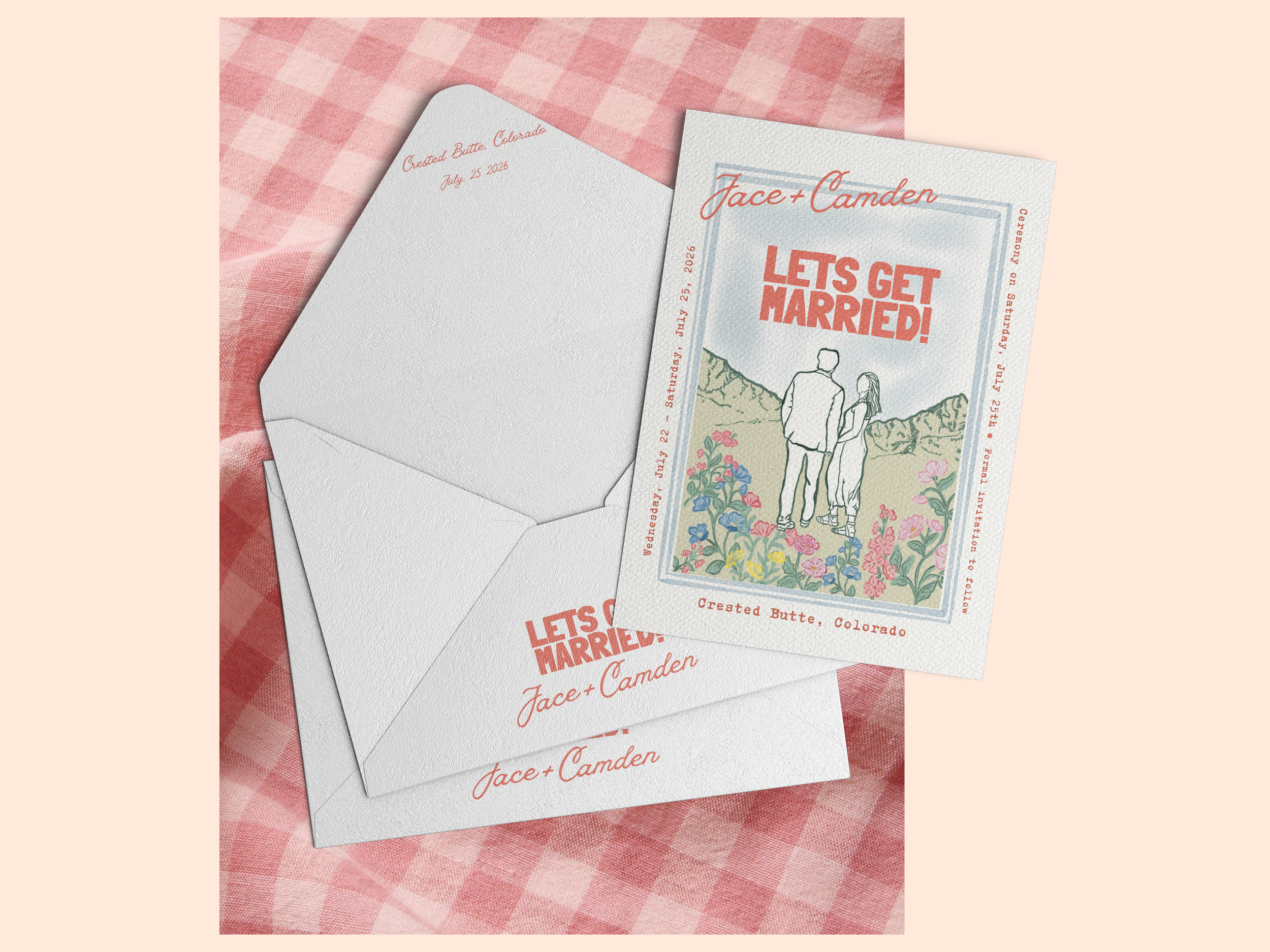 Wedding invitation card with the text 'Let's Get Married!' and illustration of a couple holding hands, set on a red checkered tablecloth.