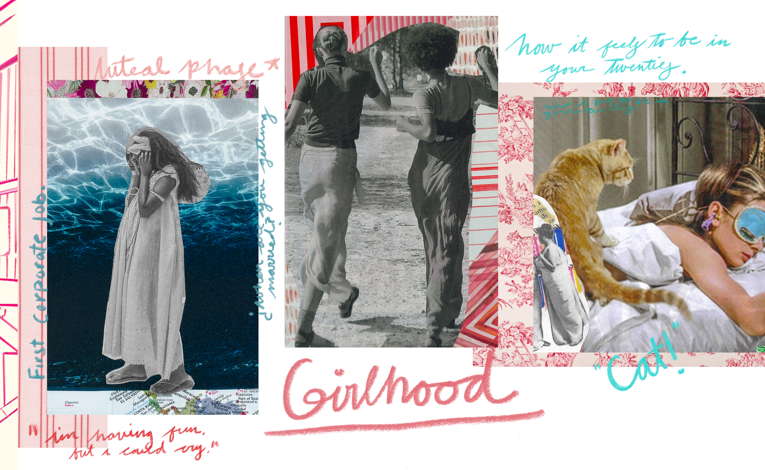 Collage of three images with handwritten text and patterns: a girl wearing a dress and sandals standing with her hands on her face, two people running outdoors, and a woman lying on a bed with a cat.