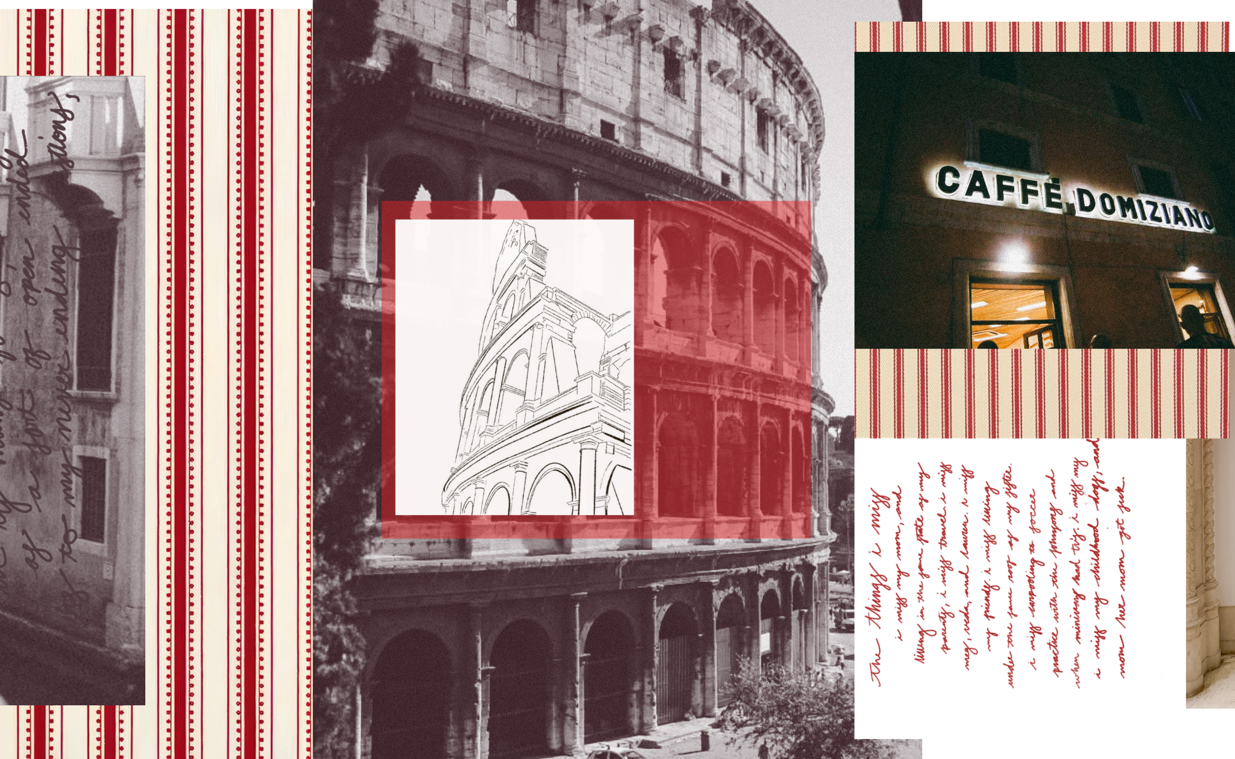 Collage of images featuring the Roman Colosseum, a sketch of the Colosseum, a sign for Caffé Domiziano, and handwritten notes in red ink.