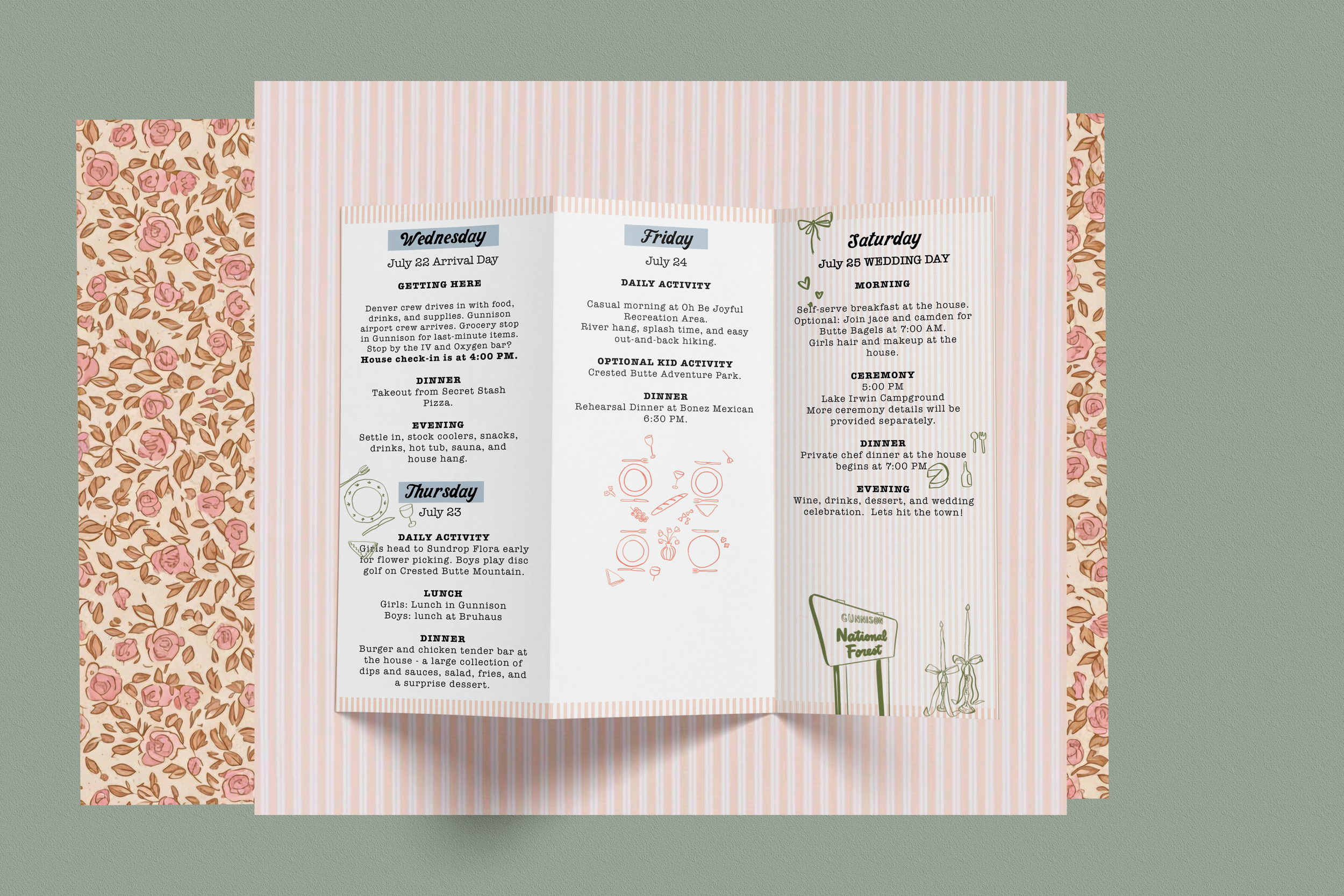 A folded itinerary or schedule with a floral and striped decorative background, displaying daily activities and events for a wedding weekend from July 22 to July 25.