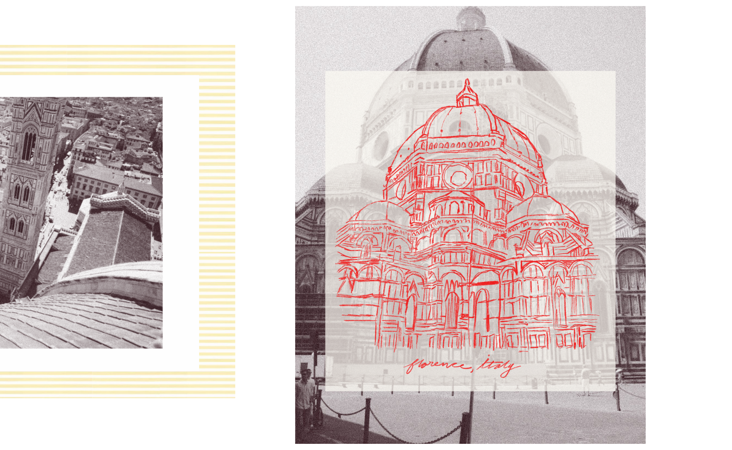 A photo collage of Florence, Italy, including a black-and-white aerial view of city buildings, a shot of Florence Cathedral's dome with a sketch overlay, and a museum display with a sign reading "Florence, Italy" written in red.