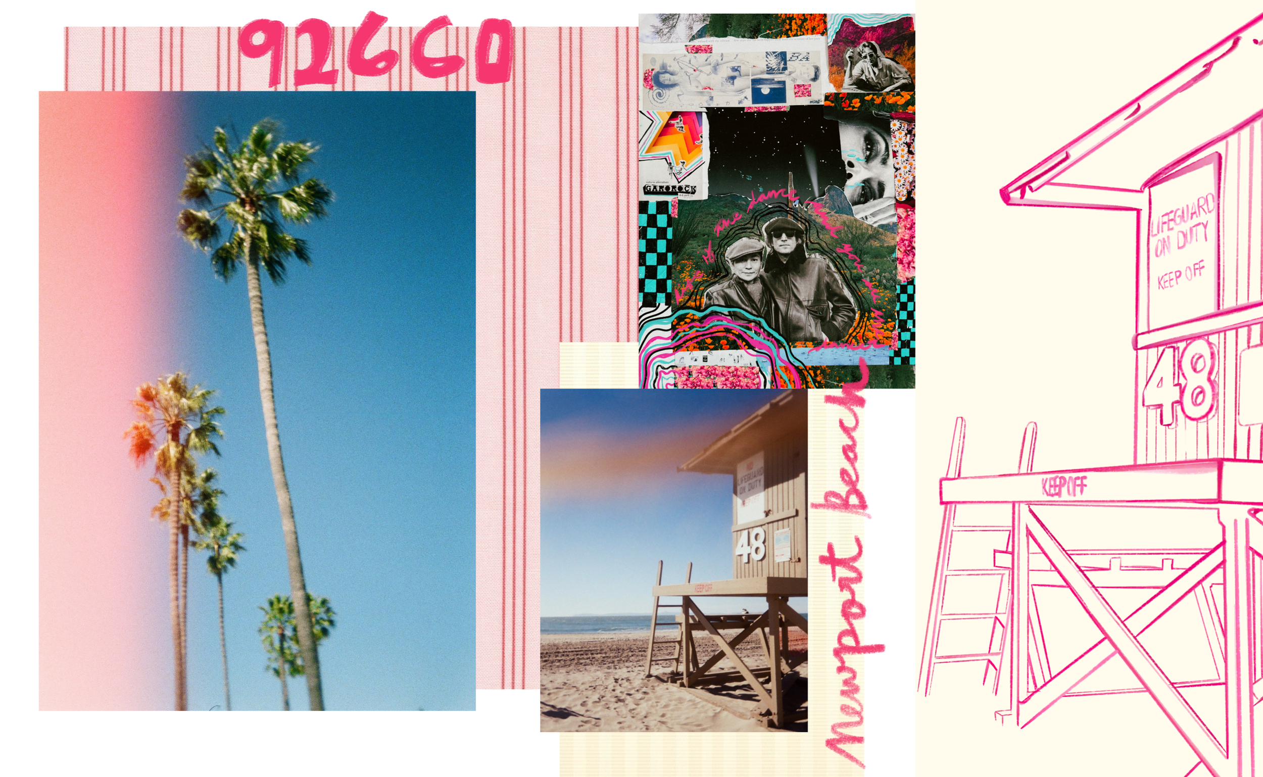 Collage of various images including palm trees against a blue sky, a lifeguard station with beach chairs, and a pink sketch of a lifeguard station with 'LIFEGUARD ON DUTY KEEP OFF' written on it.