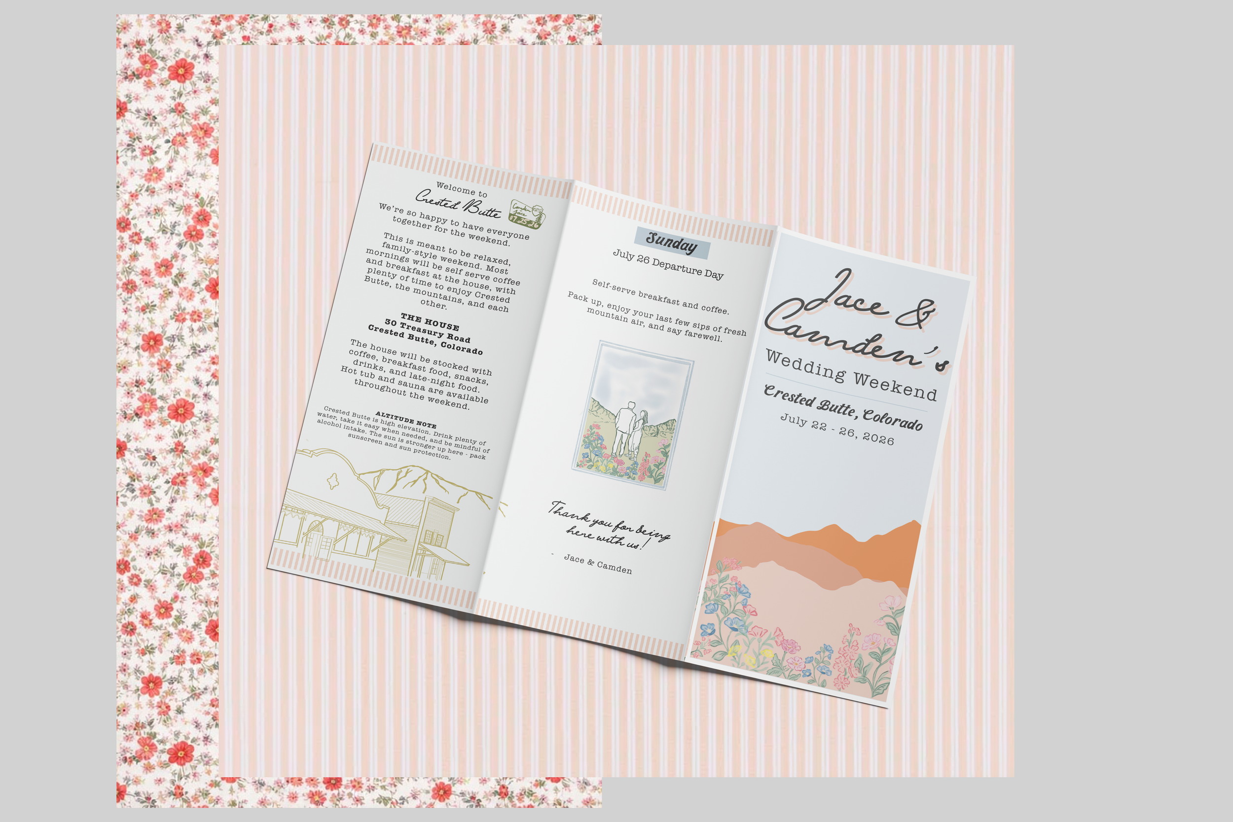 A collection of wedding weekend paper invitations and floral decorative paper with pink and orange flowers and striped patterns.