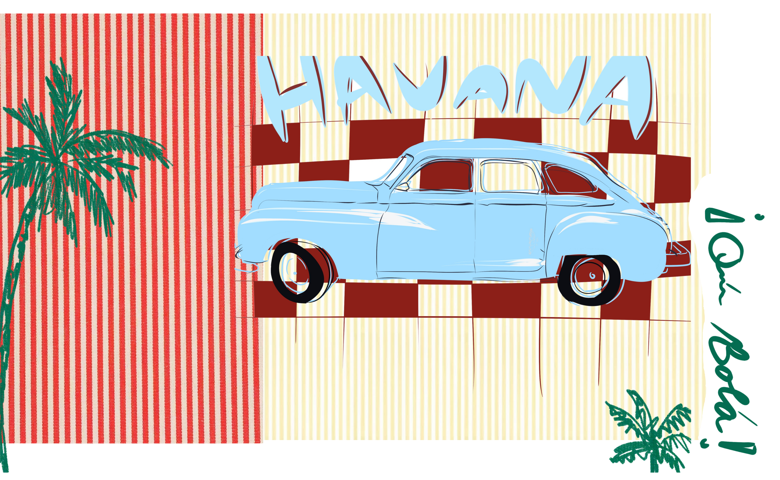 A colorful holiday-themed illustration featuring a vintage blue car parked on a checkered background with red and white stripes on the left side and yellow and white stripes on the right side. A decorative sign spelling 'Havana' is positioned above t