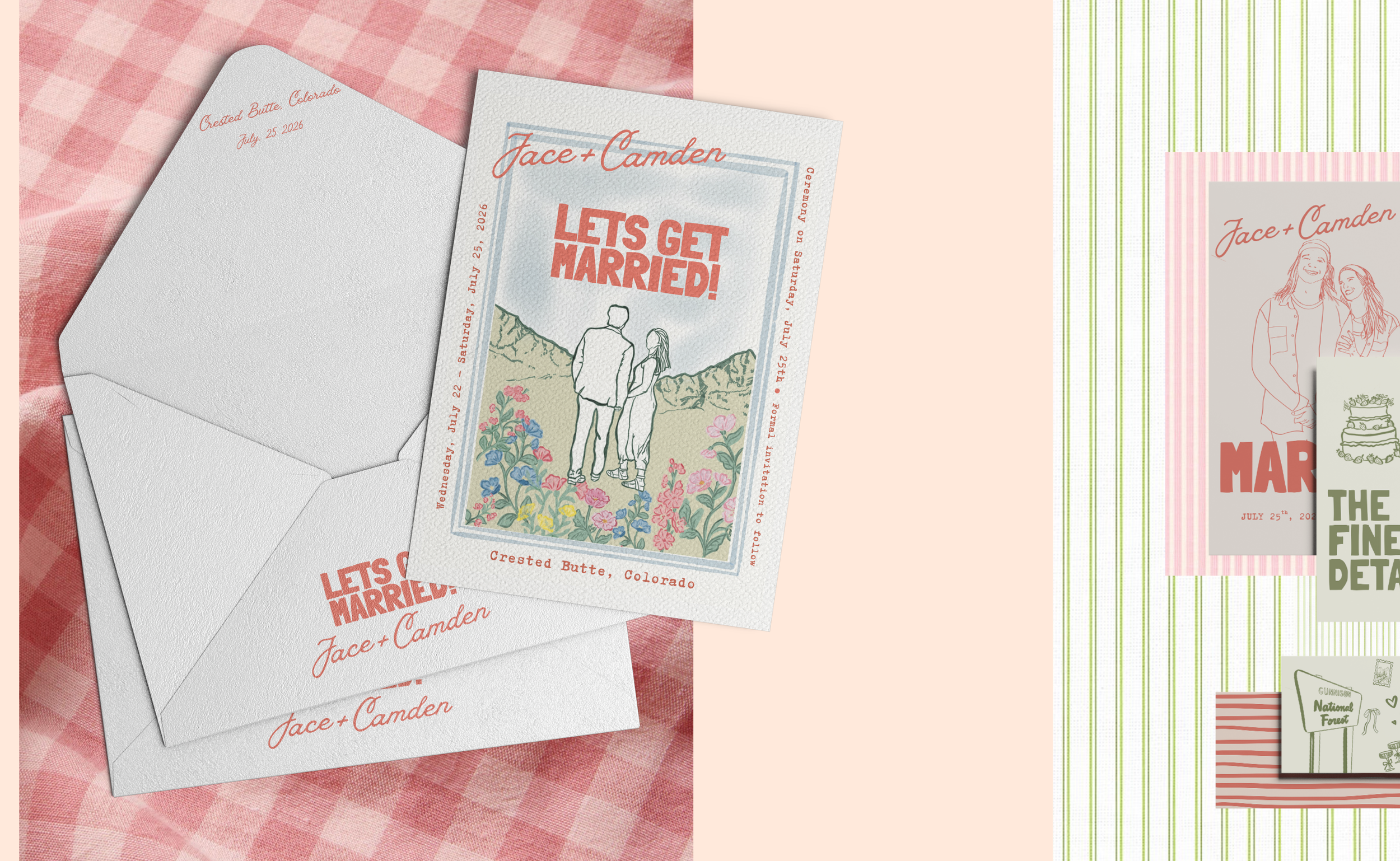 Invitation and envelope for a wedding with the names Jace and Camden, featuring an illustration of a couple standing outdoors with mountains and flowers, and text "Let's Get Married!" in bold red letters.