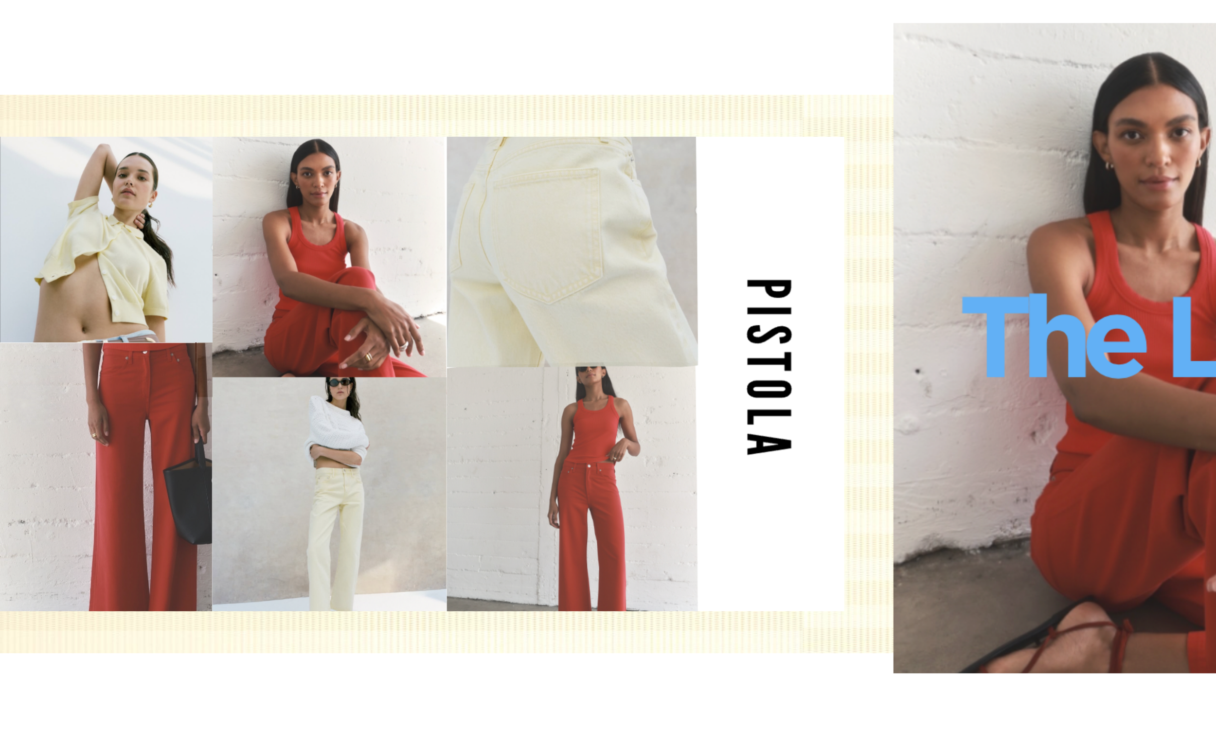 A collage of fashion models wearing brightly colored pants and tops, with some close-up shots of clothing details, against a white brick wall background.