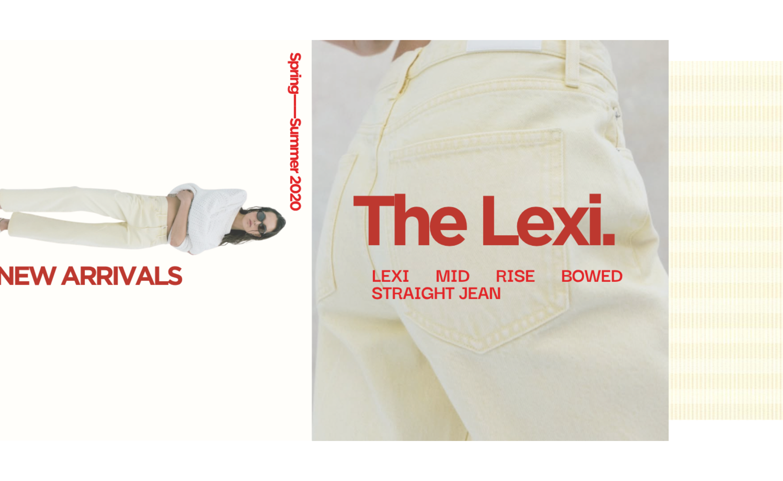 Close-up of a woman wearing yellow jeans, with promotional text overlaid that reads "The Lex." and categories of jeans listed below, such as "Lexi," "Mid," "Rise," "Bowed," "Straight," and "Jean." The image appears to be part of an advertisement for 