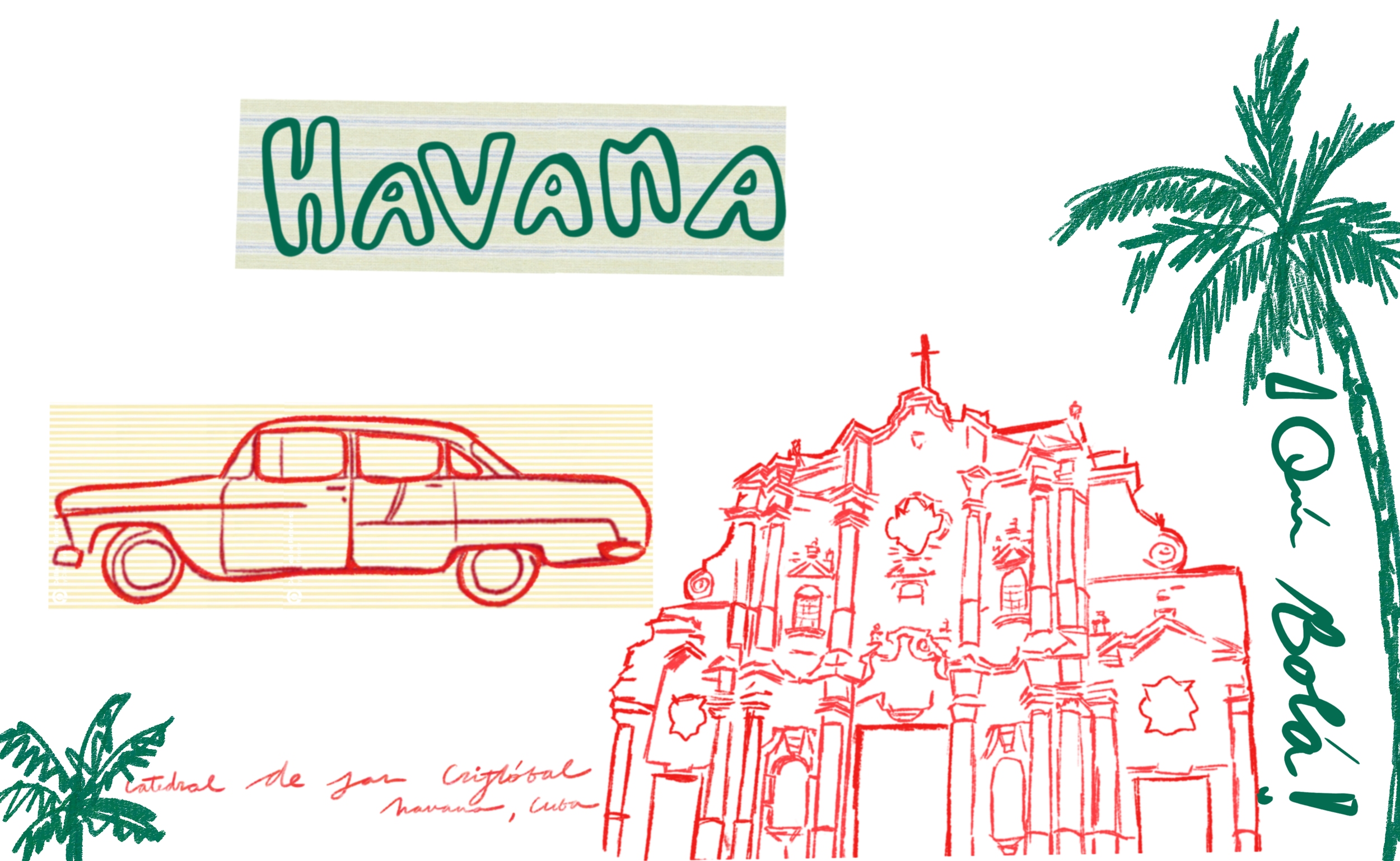 Graphic illustration of Havana, Cuba, featuring the name 'Havana' in green letters, an outline of a car, a historic church, and palm trees.