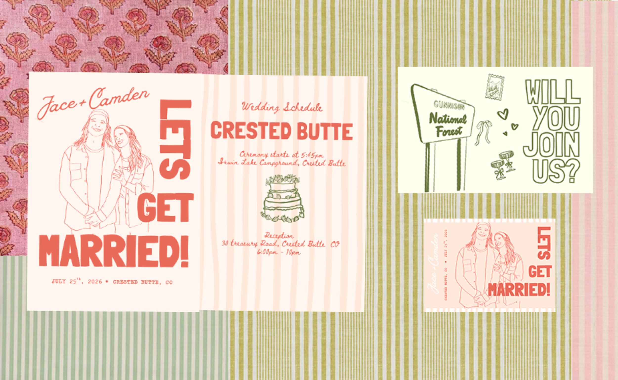 Wedding invitation with pink and green floral and striped patterns, featuring a sketch of a couple and text about their wedding at Crested Butte.