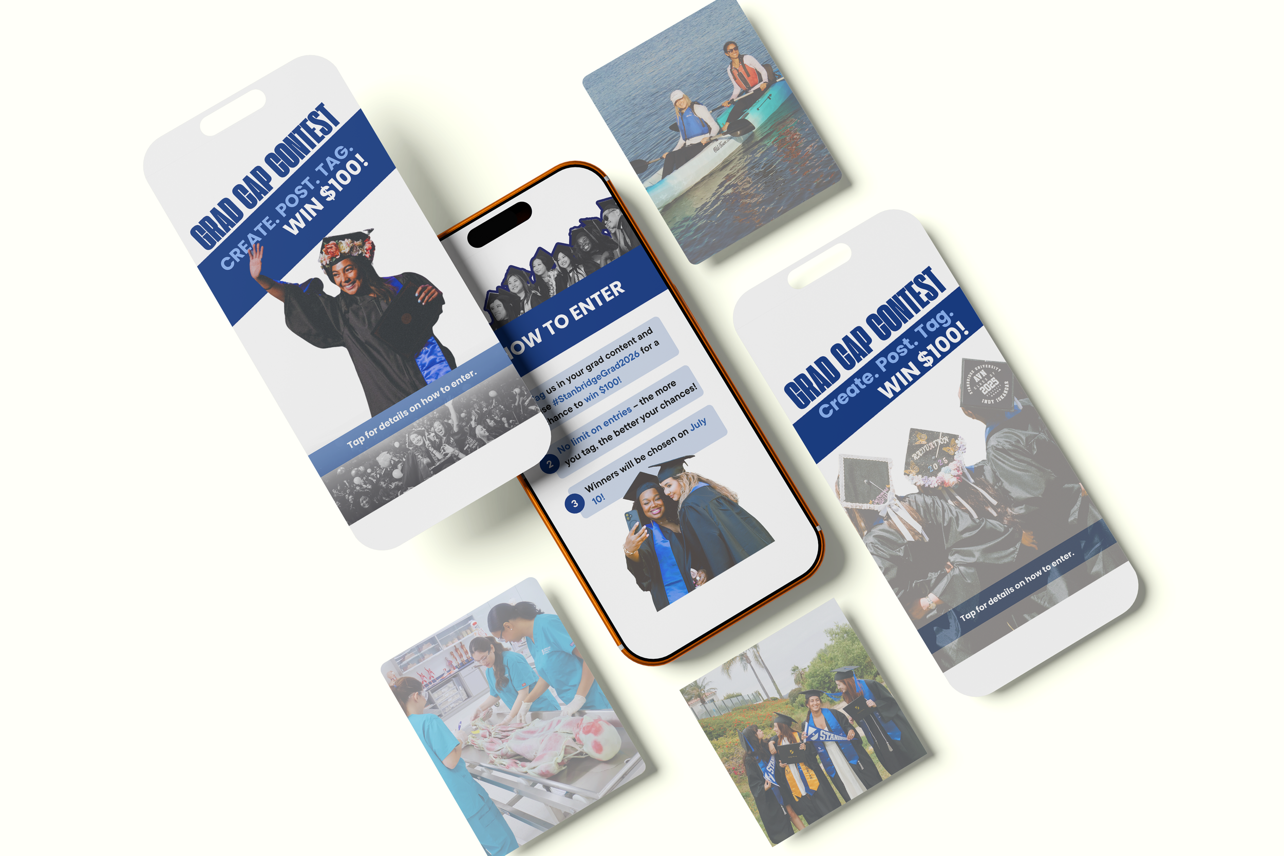 Collection of promotional images for a graduation contest, including photos of graduates, people kayaking, and students in a science classroom.