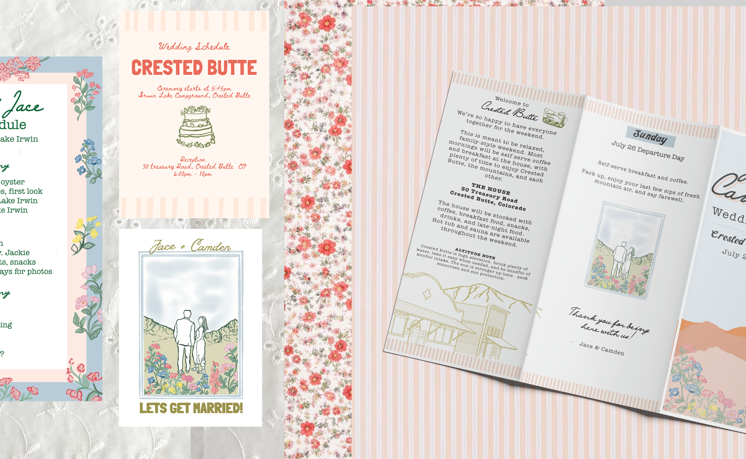 A collection of wedding invitations and event flyers with floral and mountain-themed designs, predominantly in pastel colors, including pink, blue, and peach.