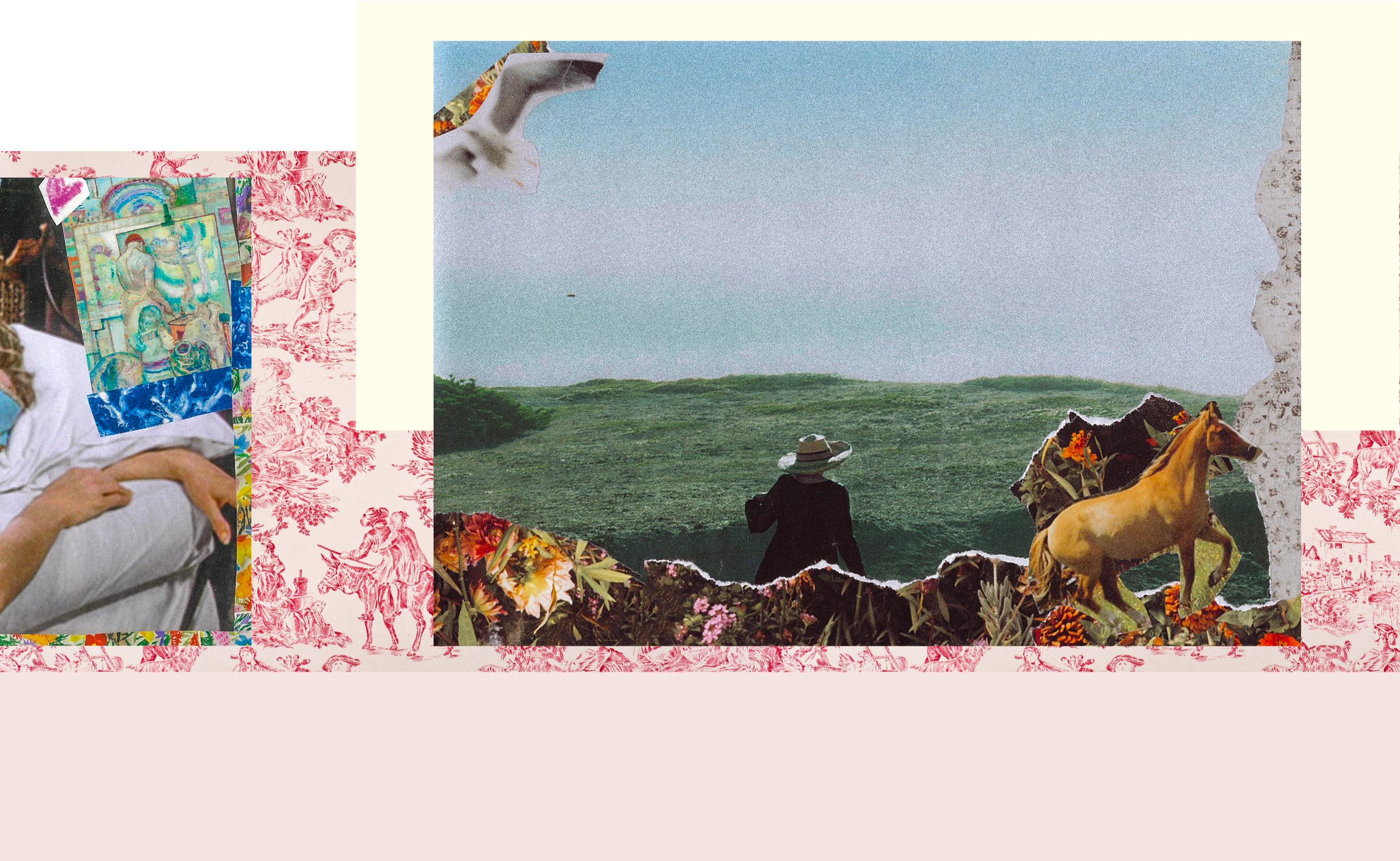 A collage combining various images including a person lying on a bed, a colorful artwork, a person wearing a hat in a green landscape, and a horse with flowers, layered with decorative patterns and torn paper edges.