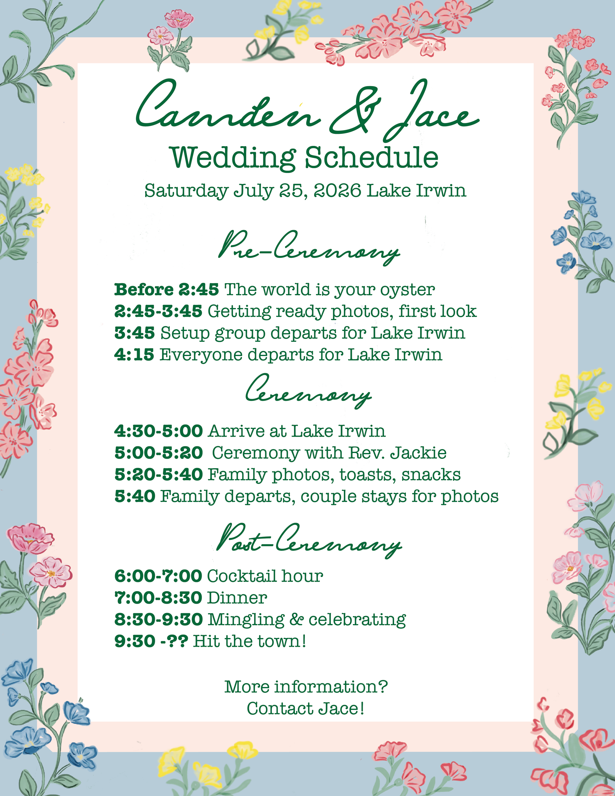 A wedding schedule poster for Camden & Jace with a floral border, including pink, yellow, and blue flowers on a pastel blue and pink background.