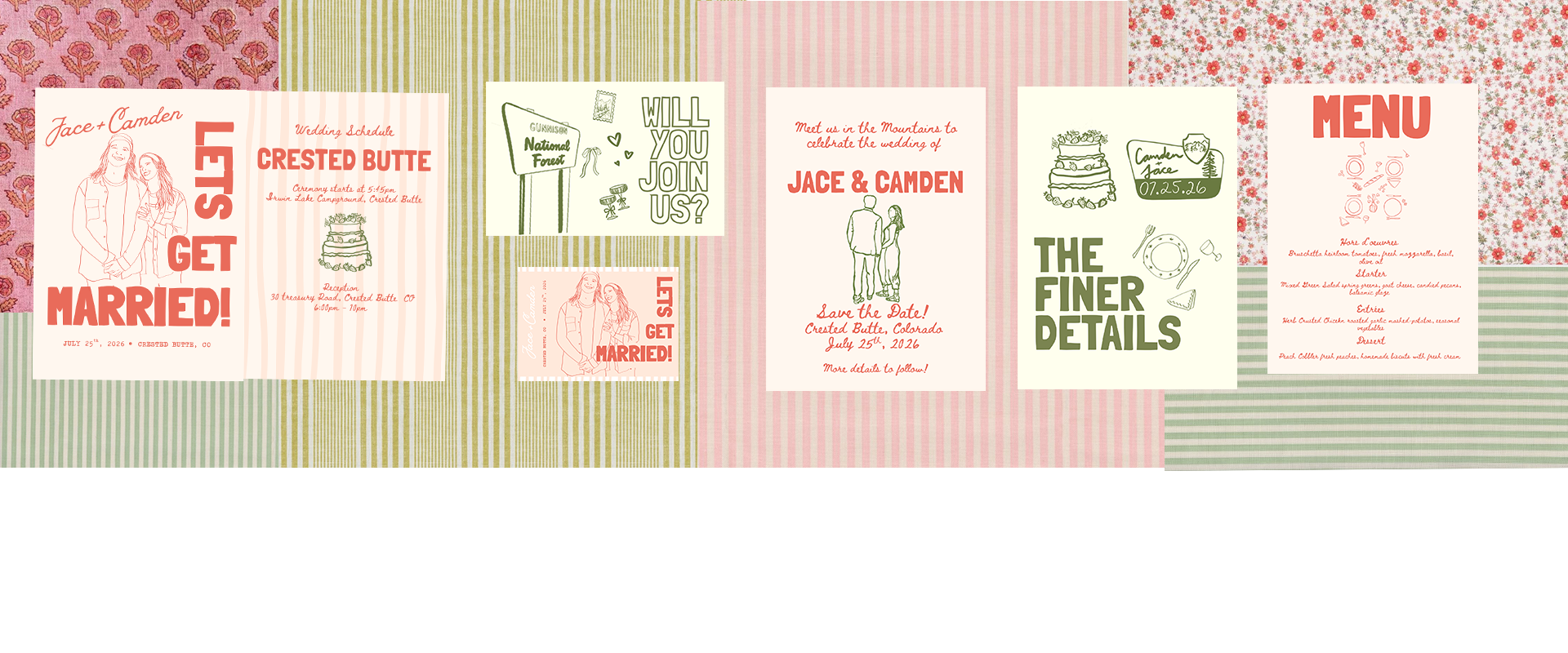 Collection of wedding-themed posters and menu with pink, green, and cream stripes and floral patterns, promoting a wedding at Crested Butte, featuring illustrations, schedules, and menu details.