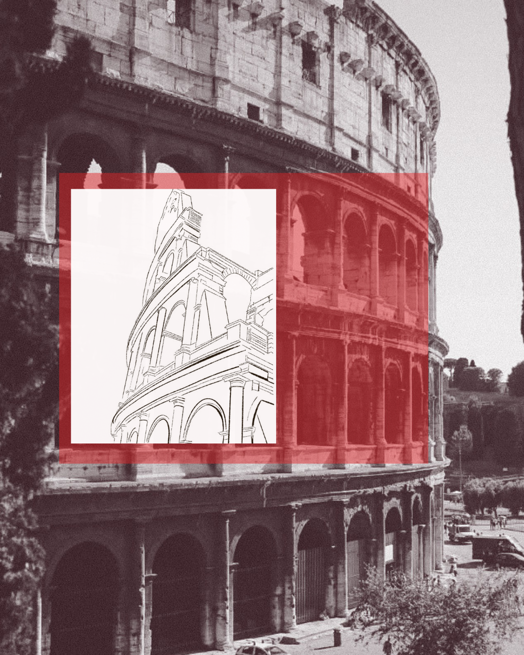 Photo of the Colosseum with a line drawing of the same structure in a red box overlay.