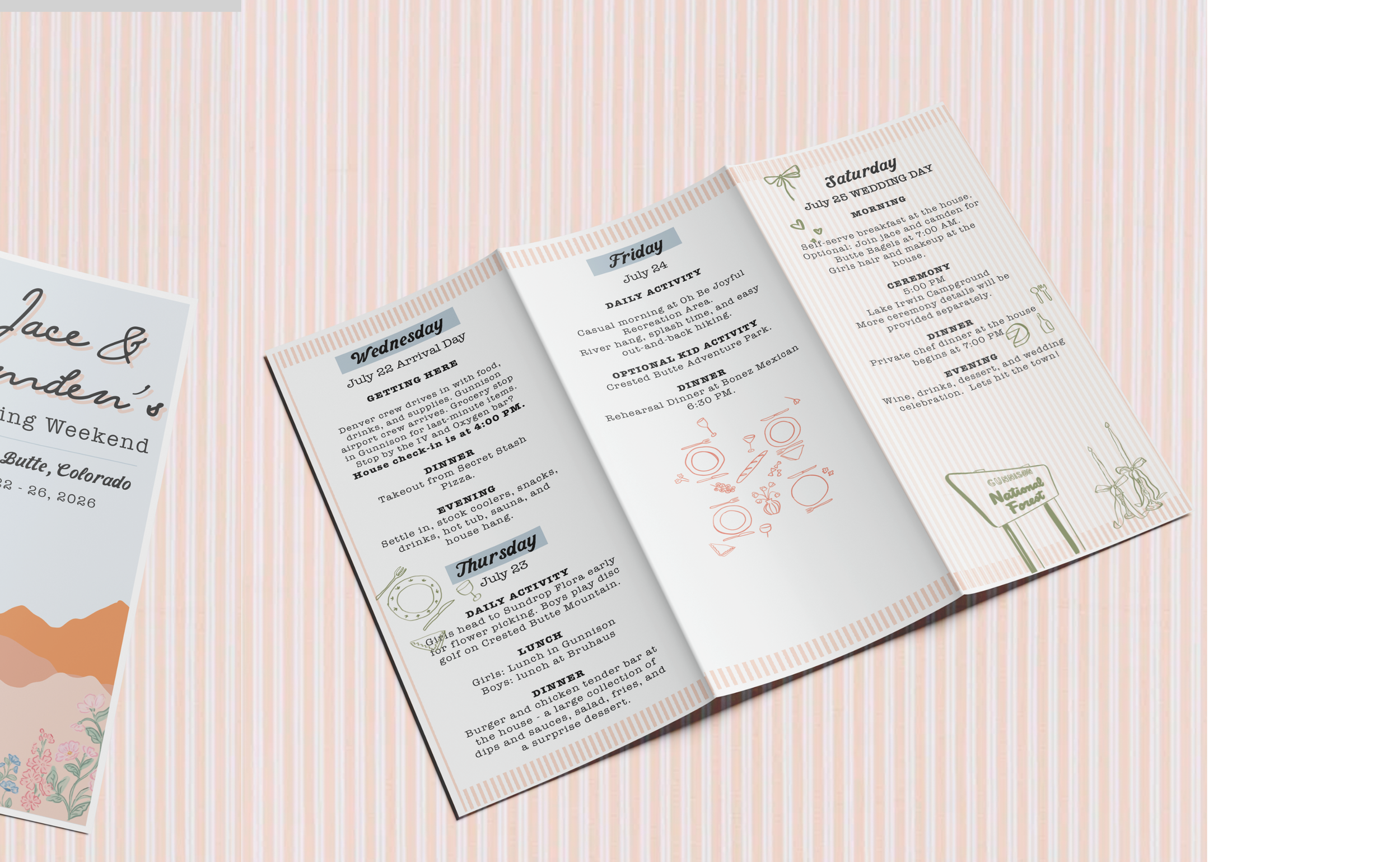 Open event itinerary booklet with daily schedule for Wednesday through Saturday, featuring activities and meals, on a striped pink tablecloth.