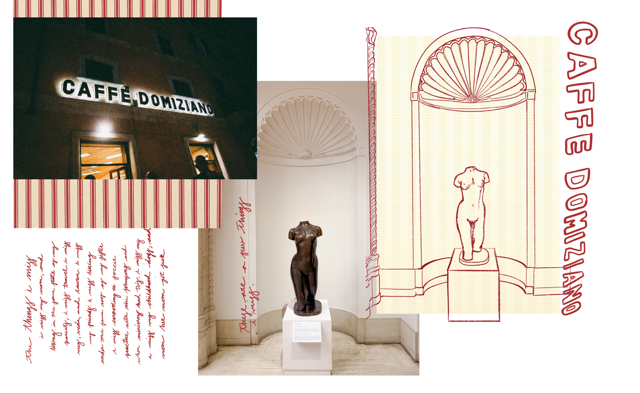 Photo of an art exhibit with a bronze sculpture of a female figure on a white pedestal, a wall with a decorative architectural element, and a graphic design with text and illustrations on the right side.
