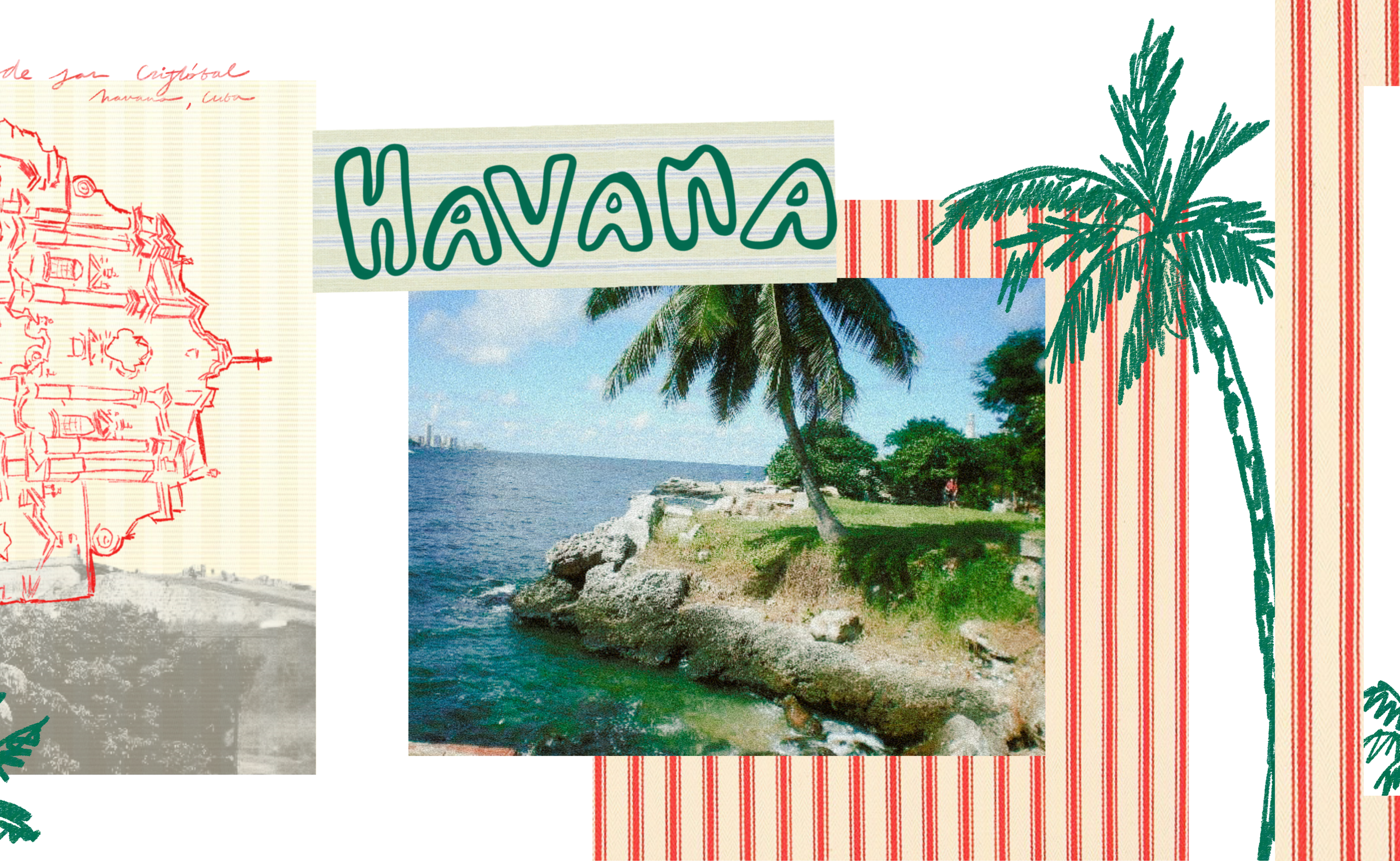 Collage featuring the word 'Havana' in green script on a striped background, a tropical scene with palm trees on a shoreline, and a red aerial map sketch of Havana, Cuba.