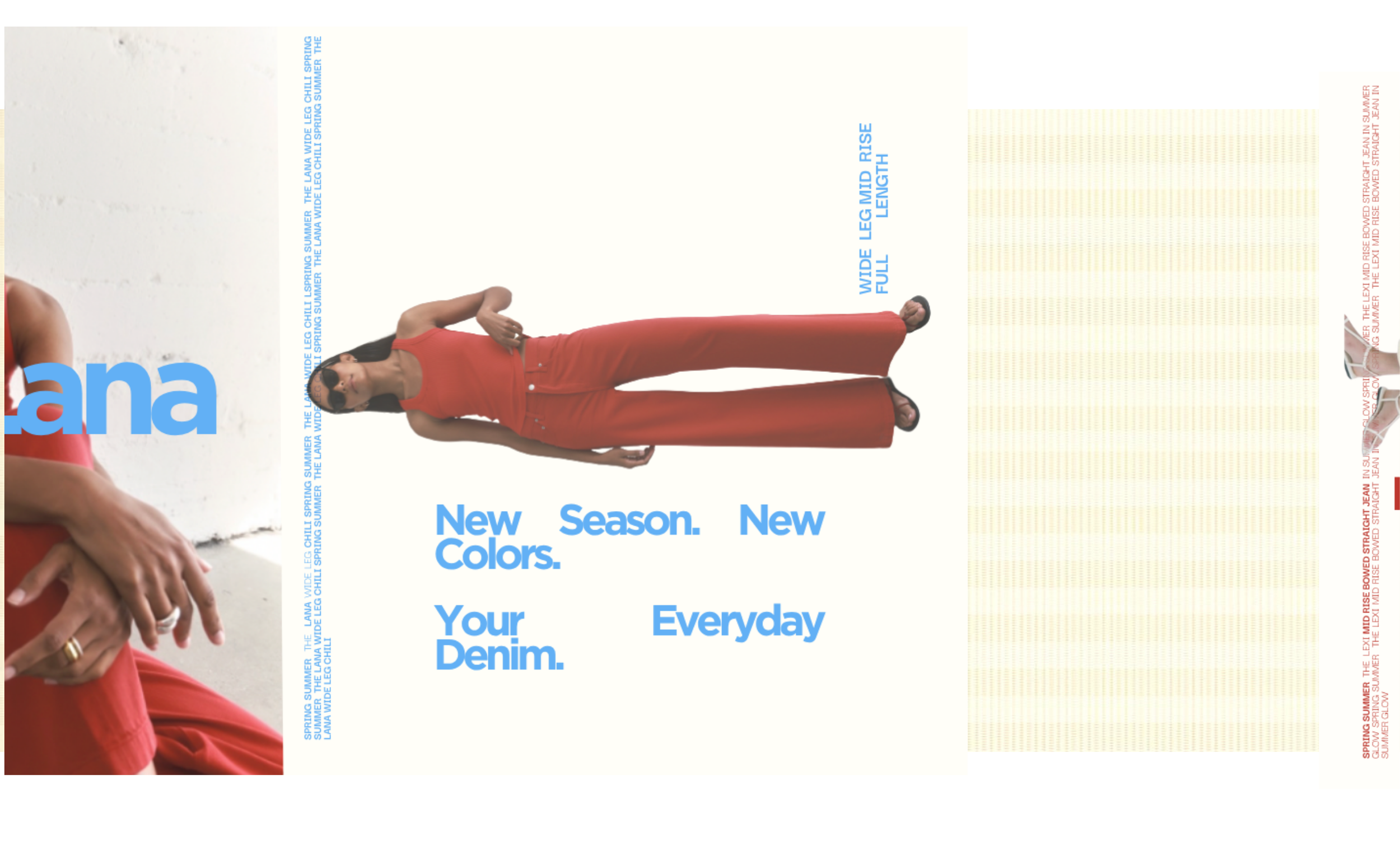 Fashion advertisement featuring a woman in red pants and sunglasses, with text highlighting new colors for everyday denim.