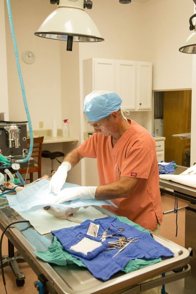 Surgeon performing a procedure in an operating room with surgical tools and equipment.