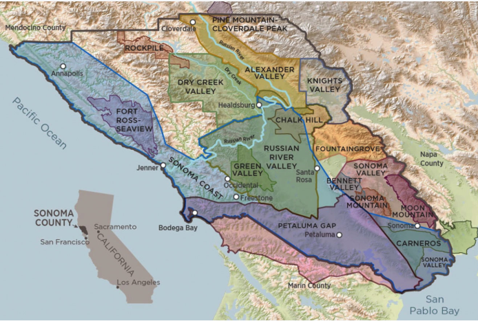 Map of the Sonoma County wine regions in California, including Alexander Valley, Sonoma Valley, Russian River Valley, and Carneros, with nearby geographic features and cities.