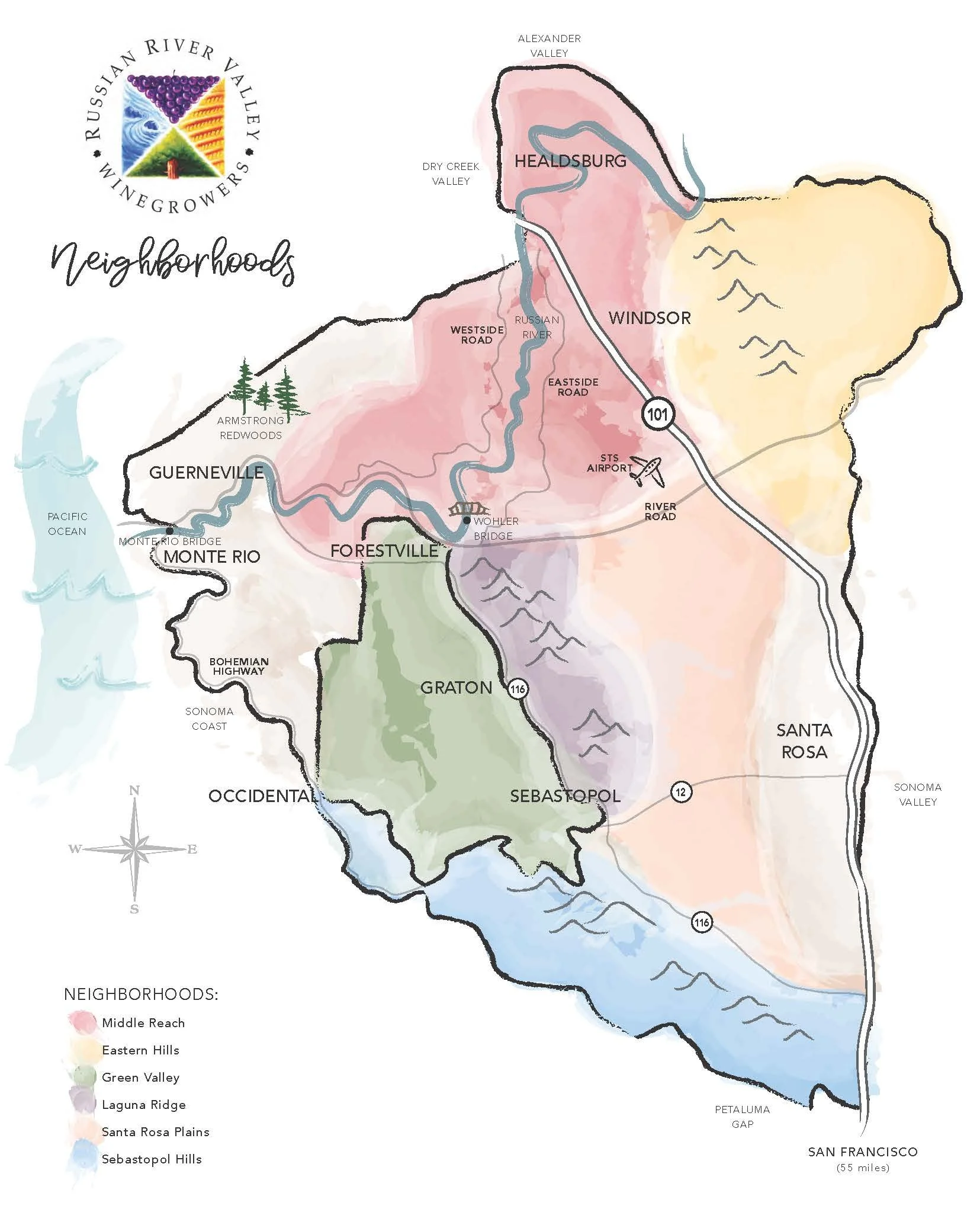 Map of San Francisco neighborhoods with highlighted zones: Middle Reach in pink, Eastern Hills in yellow, Green Valley in green, Laguna Ridge in purple, Santa Rosa Plains in light blue, and Sebastopol Hills in darker blue.