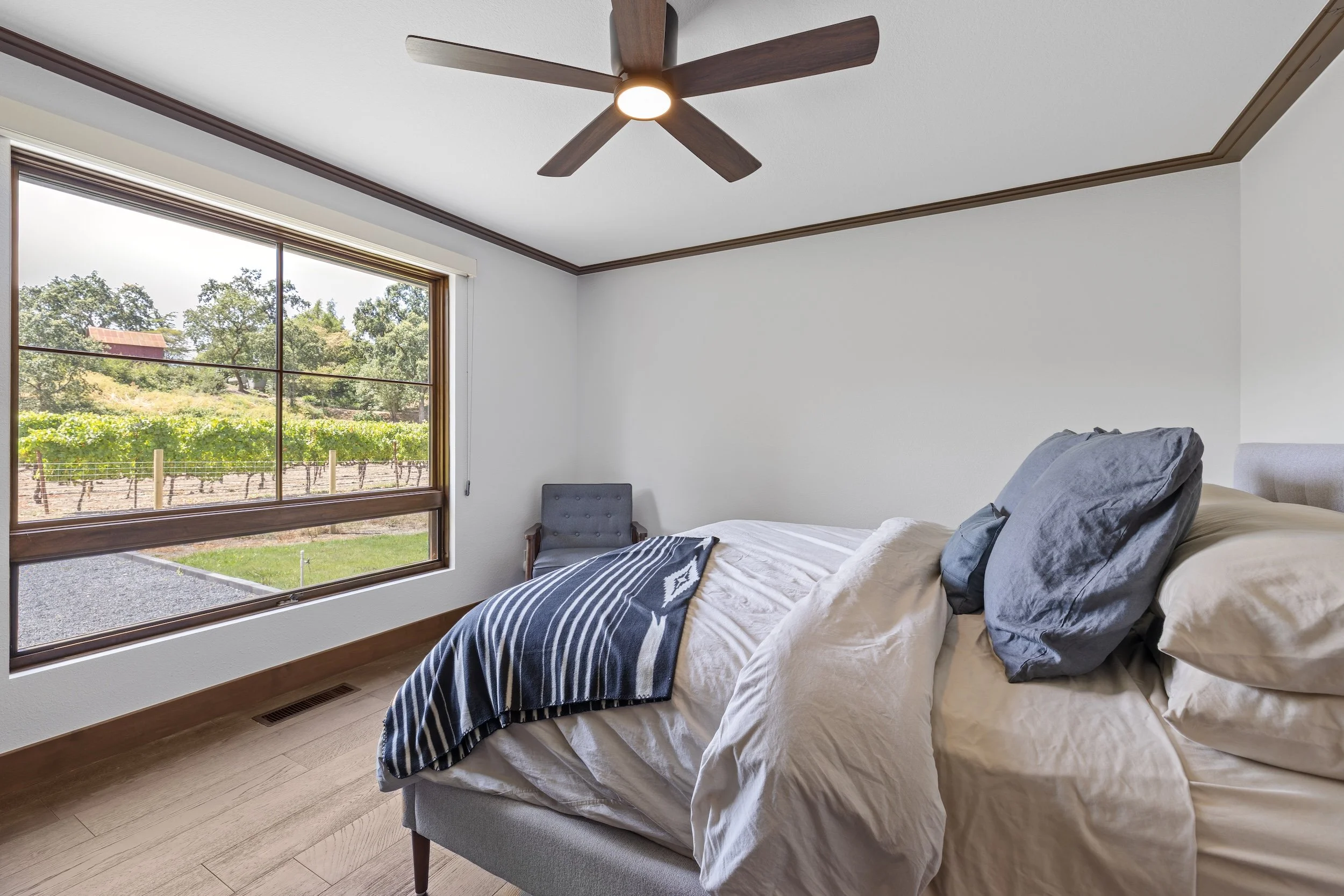 A bedsheet appears to be unmade with pillows on a bed in a room with large window showcasing green trees and vineyard outside, a ceiling fan on the ceiling.