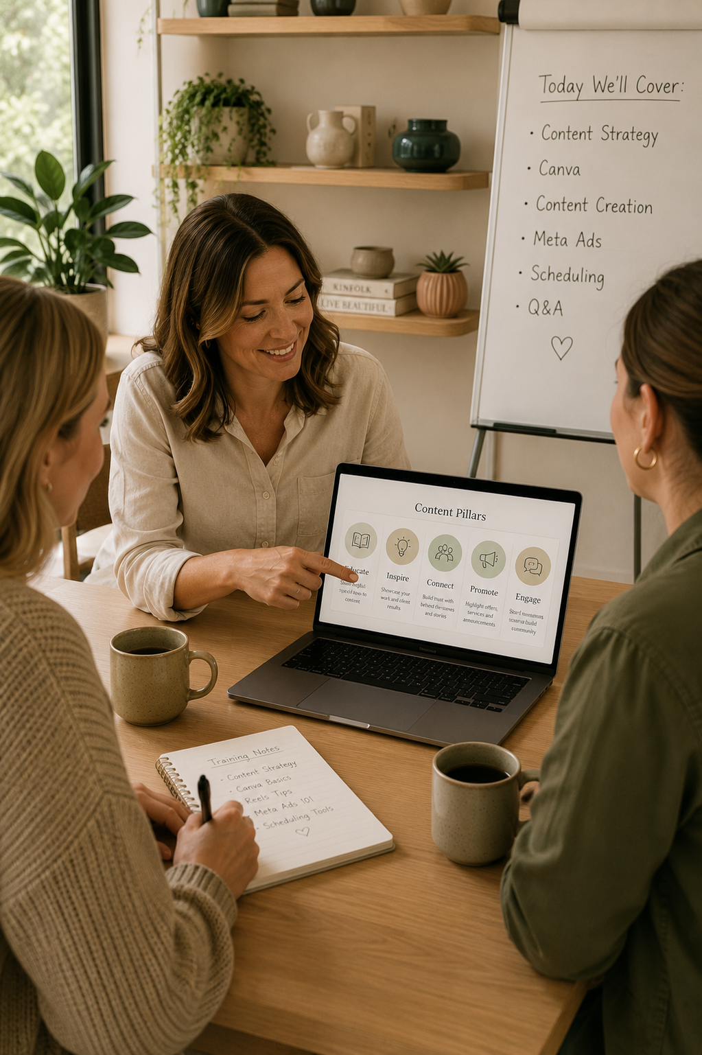 A group of three women having a meeting in a cozy, well-lit room with a large window. One woman is pointing to a laptop screen displaying content pillars, while another takes notes in a notebook. There are coffee cups on the table, and a whiteboard in the background with a list of topics covered in the meeting.