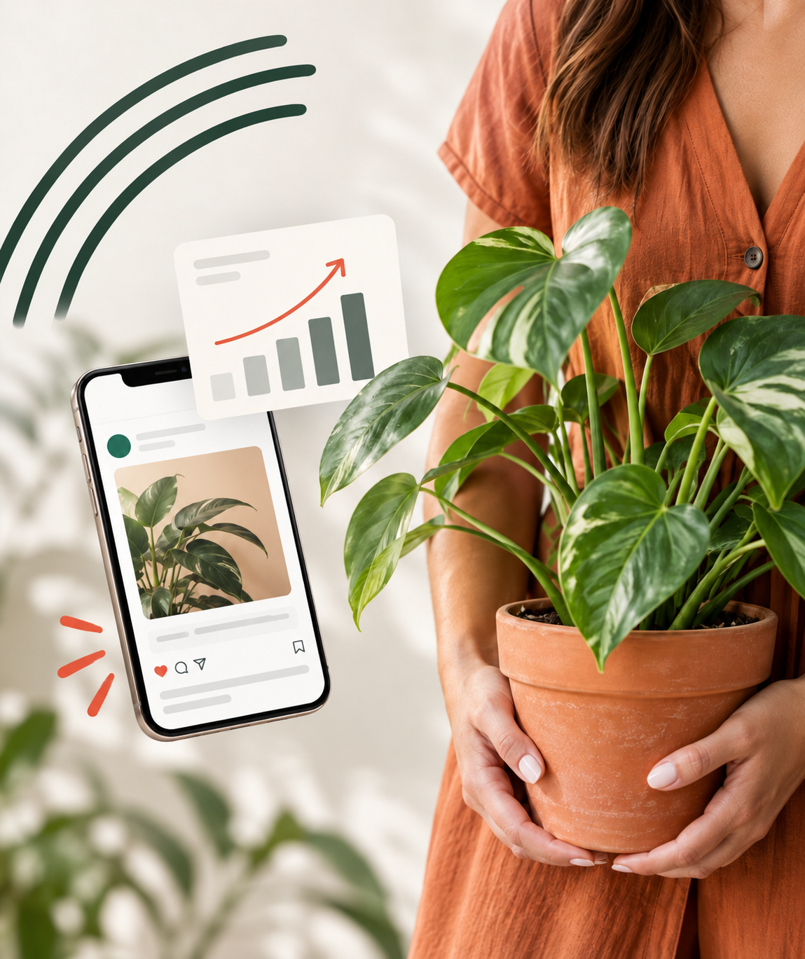 Woman holding a potted plant alongside a smartphone displaying an Instagram feed and a social media analytics chart, representing paid social advertising services by Tallo House across Meta, LinkedIn and TikTok.