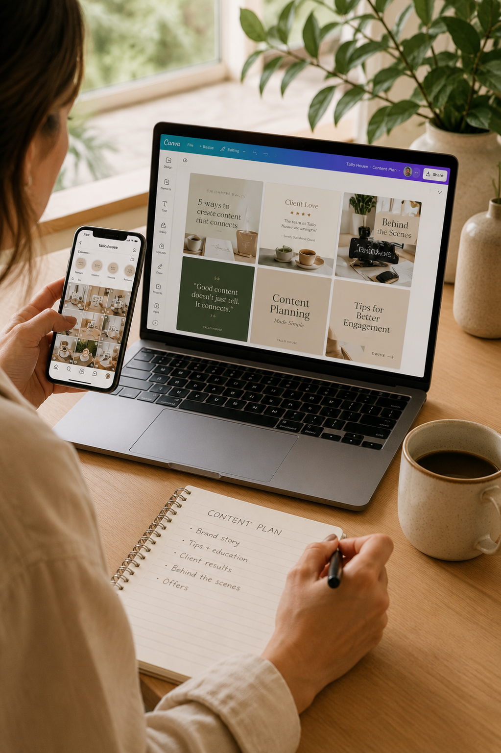 Woman working at a wooden desk with a laptop, smartphone, notepad, and a cup of coffee. The laptop screen displays a content planning document, and the smartphone shows a photo gallery. The woman is taking notes in the notepad, which has a content plan outline.