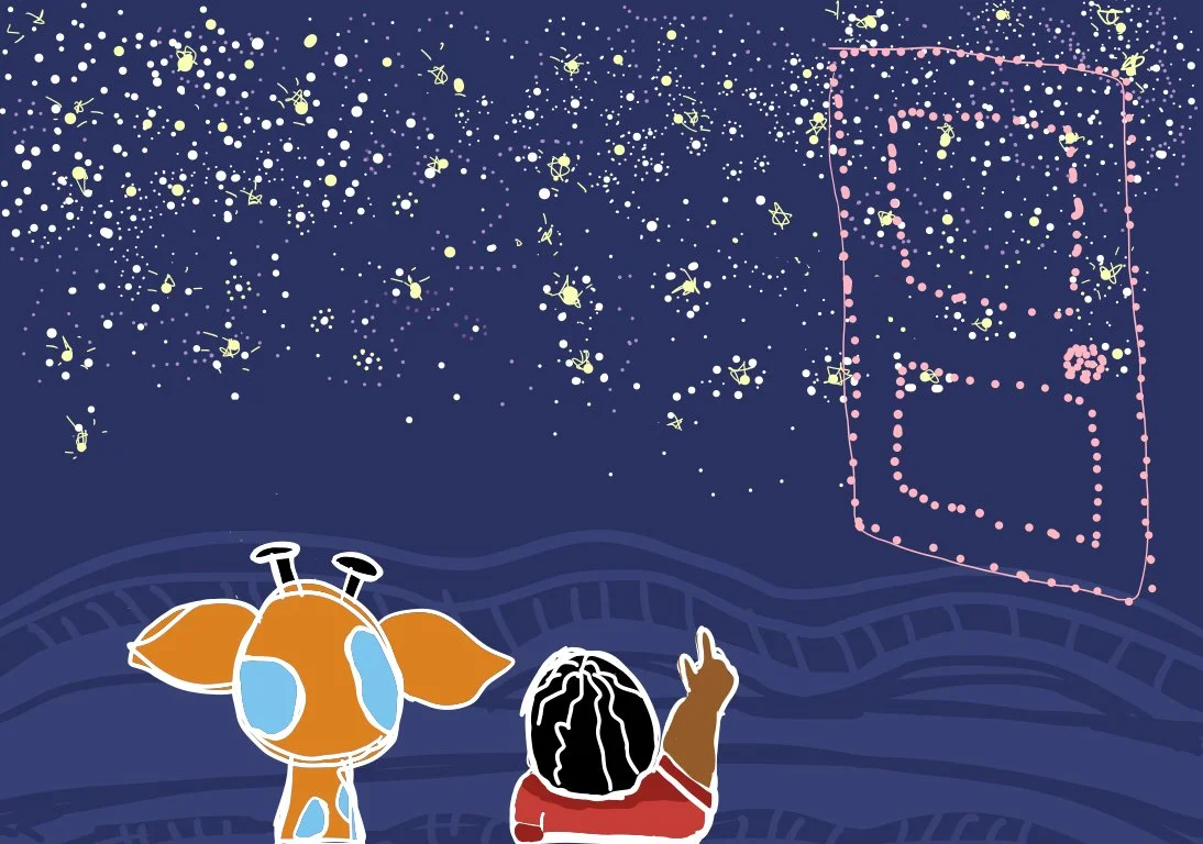 Illustration of a child and a giraffe looking up at a starry night sky with a door made of pink dots