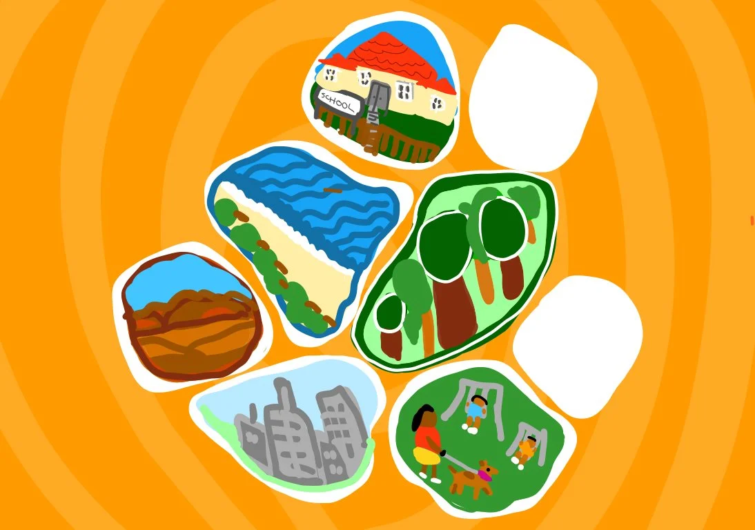 Illustrated sticker collage of diverse landscapes and community environments surrounding an orange spiral background.